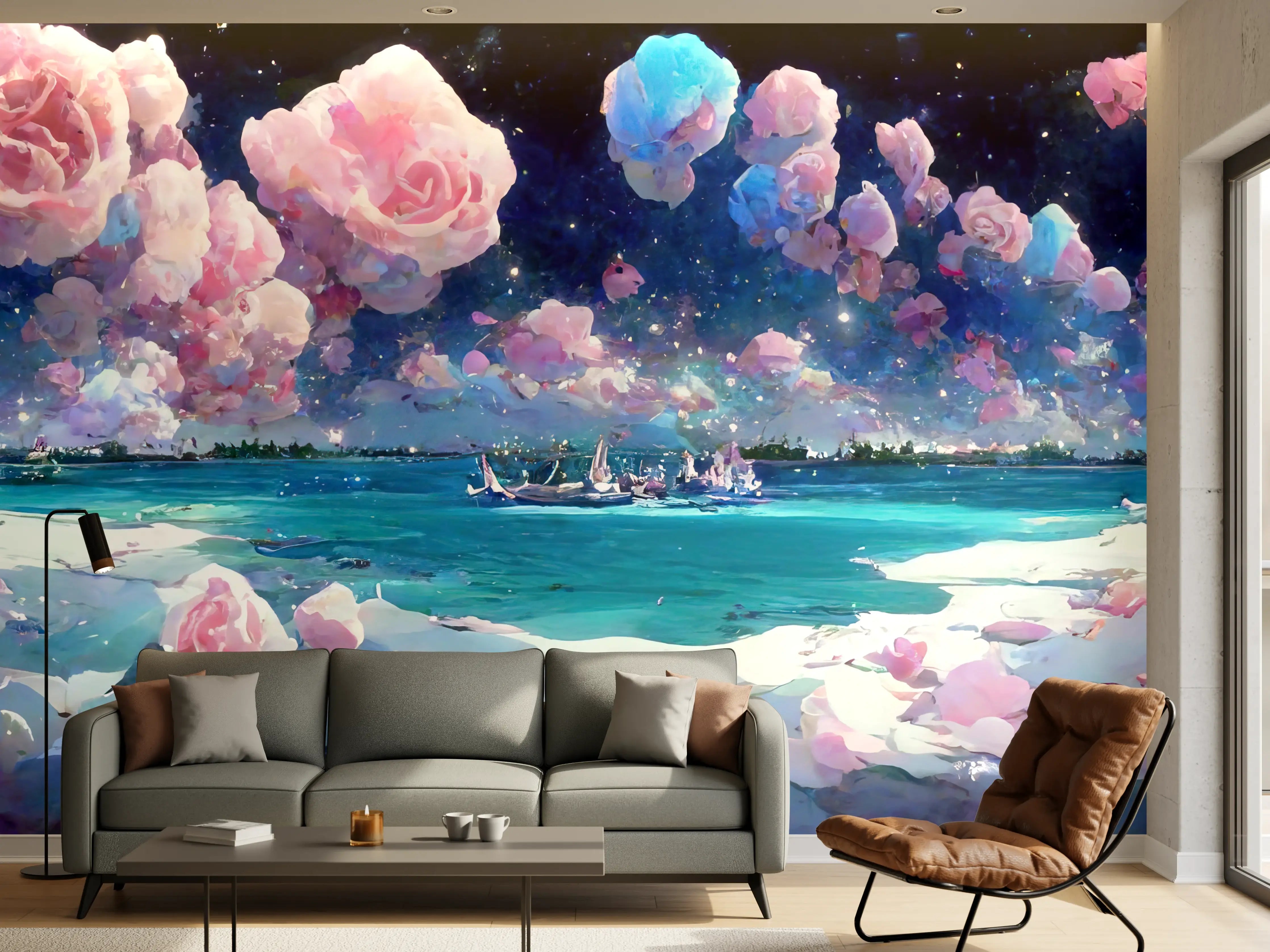 Wandverkleidung Wohnzimmer - Florale Traumwelt - Ozean
