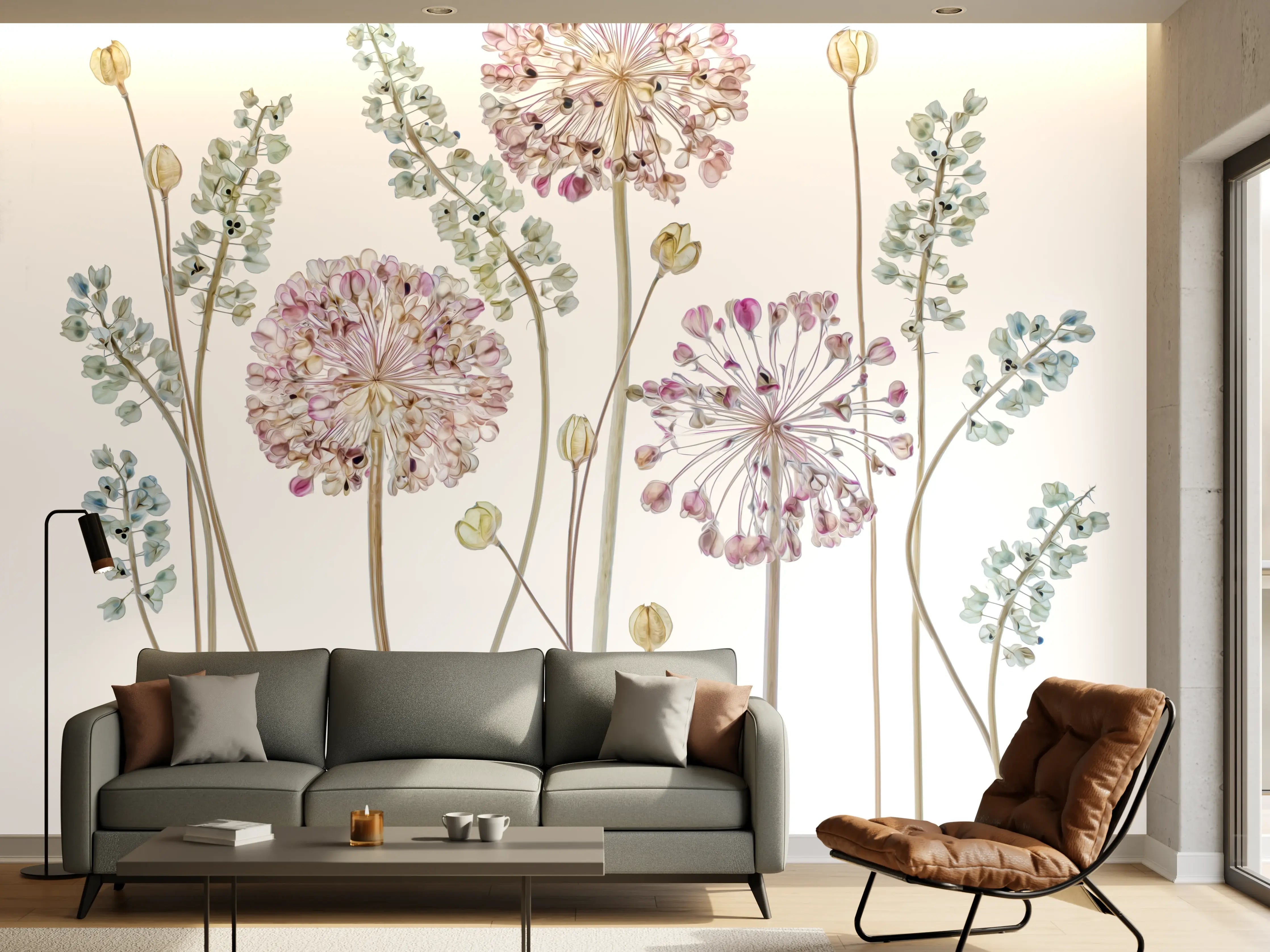 Wandverkleidung Wohnzimmer - Florale Wasserfarbenkunst 