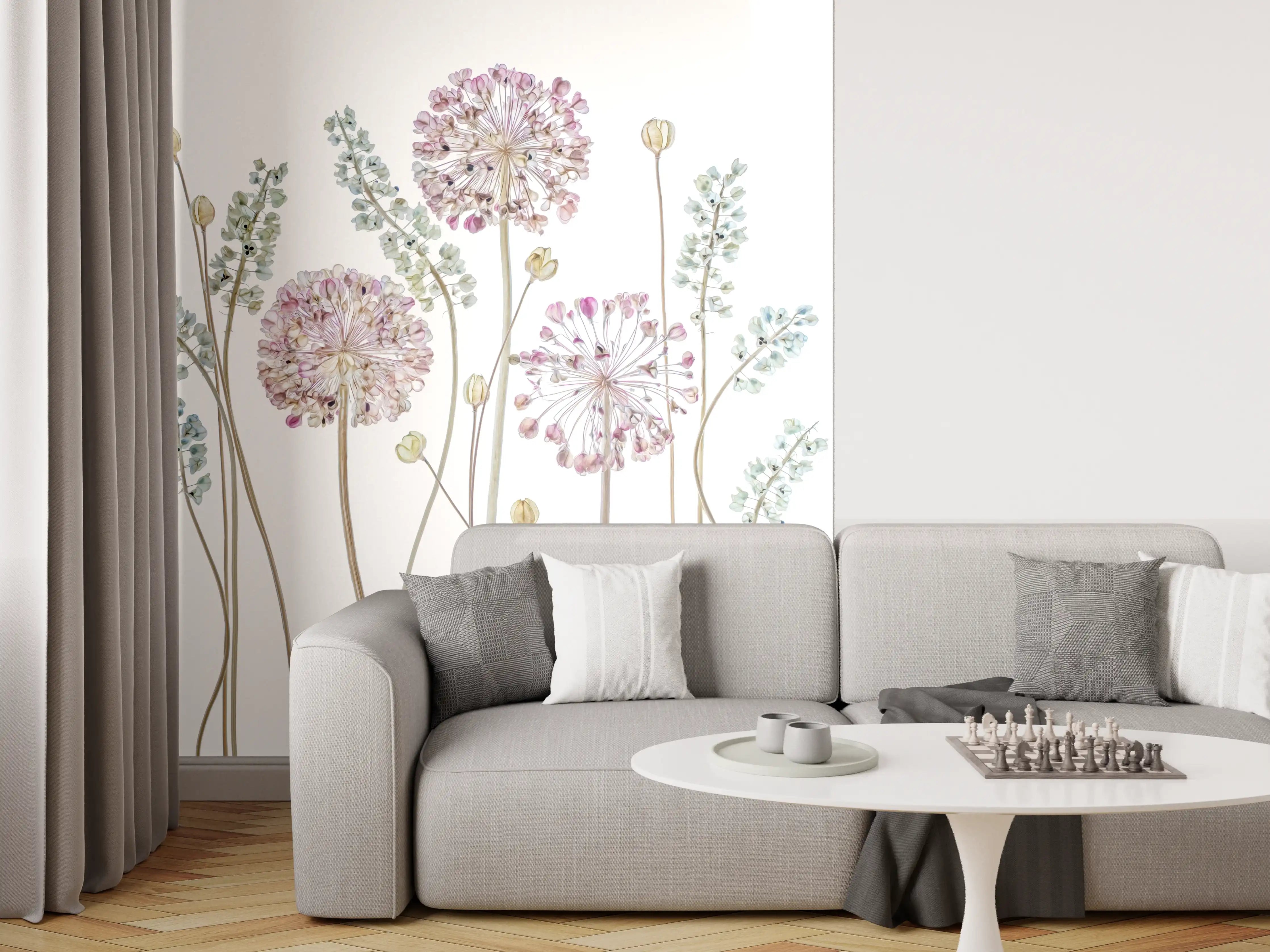 Wandverkleidung Wohnzimmer - Florale Wasserfarbenkunst 