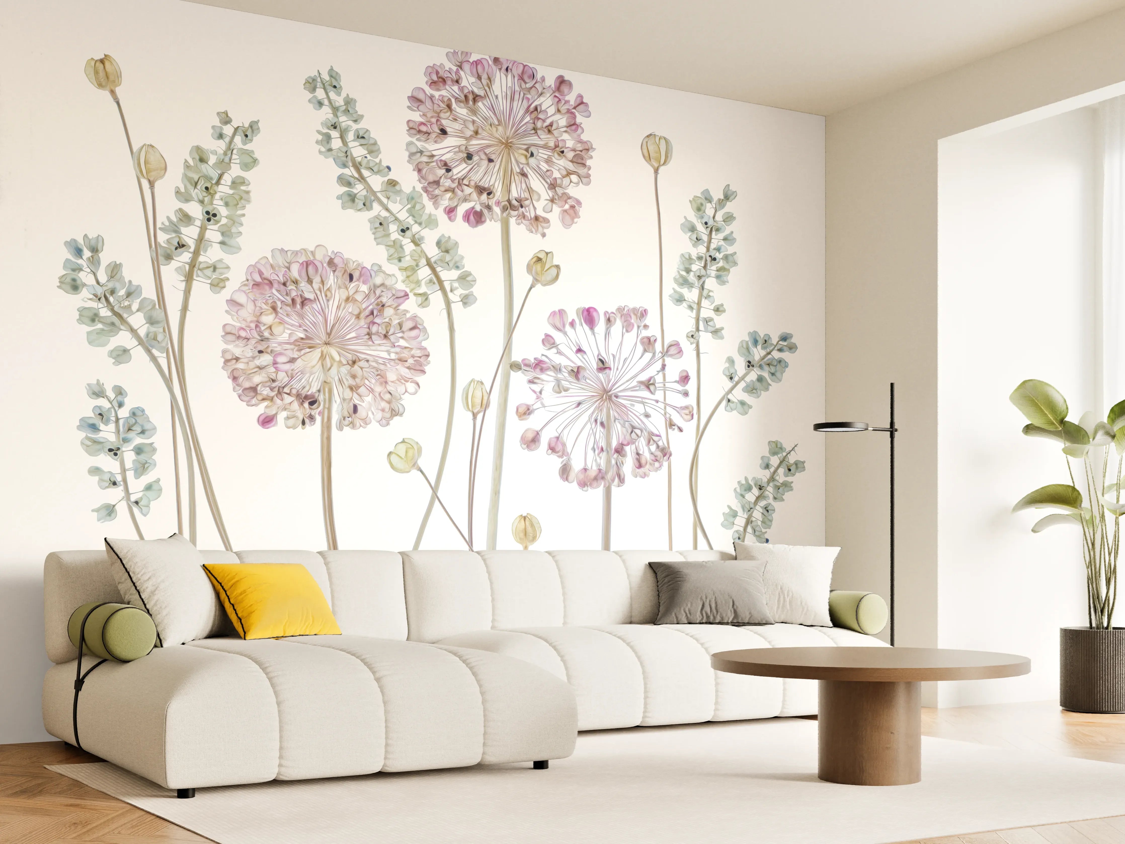 Wandverkleidung Wohnzimmer - Florale Wasserfarbenkunst 