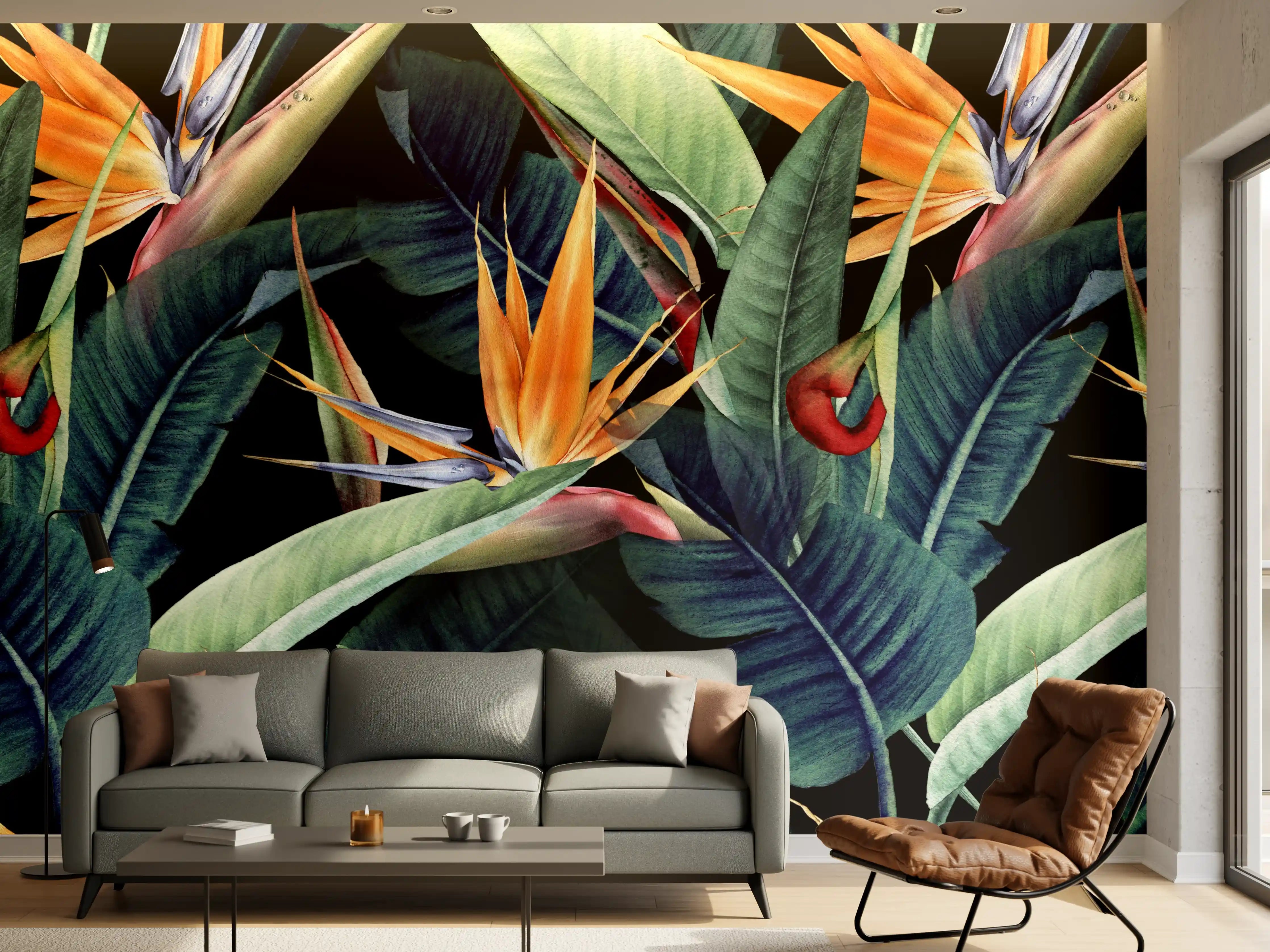 Wandverkleidung Wohnzimmer - Florales Blätter Muster