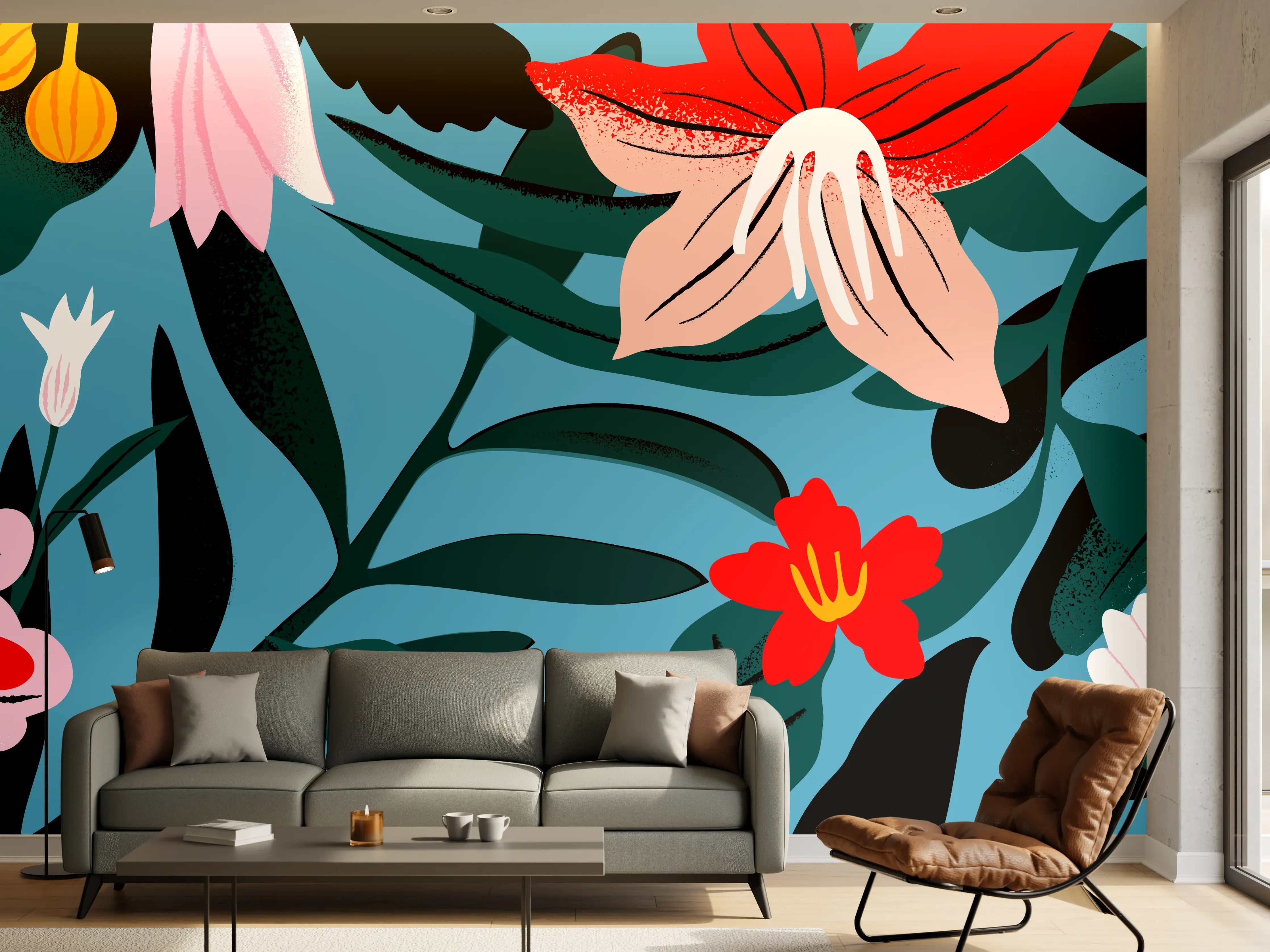 Wandverkleidung Wohnzimmer - Florales Blau-Rot Muster