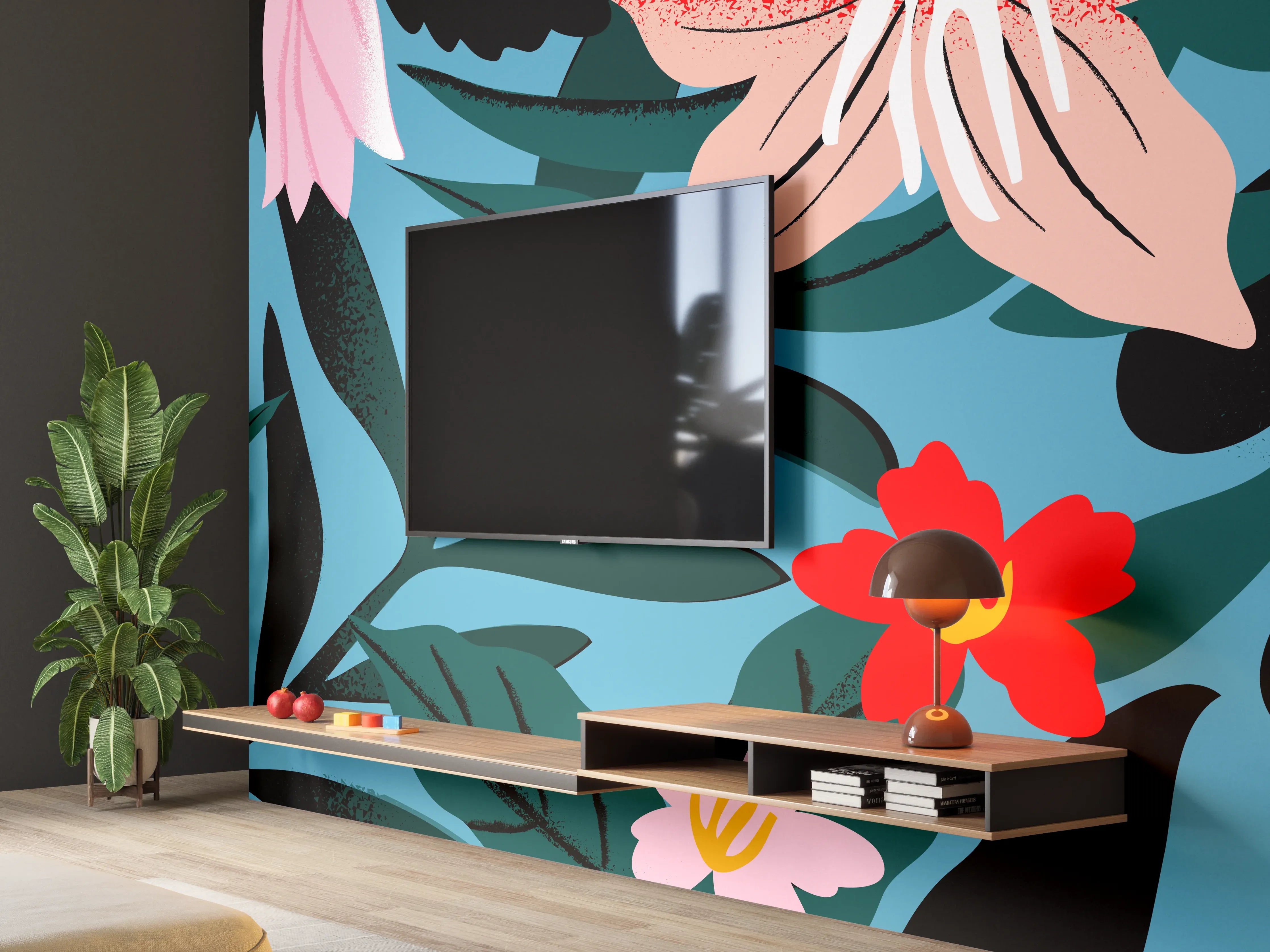 Wandverkleidung Wohnzimmer - Florales Blau-Rot Muster