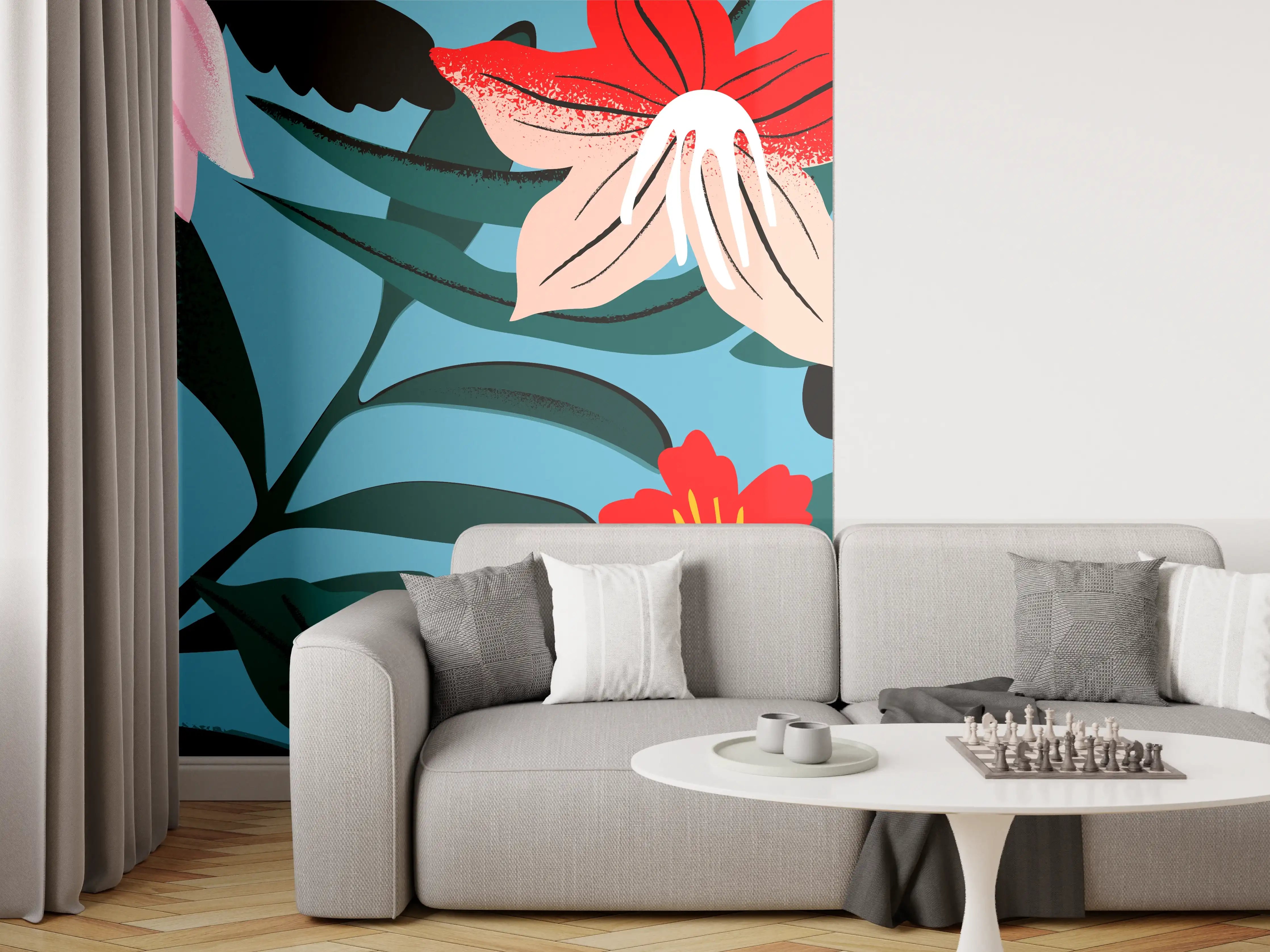 Wandverkleidung Wohnzimmer - Florales Blau-Rot Muster
