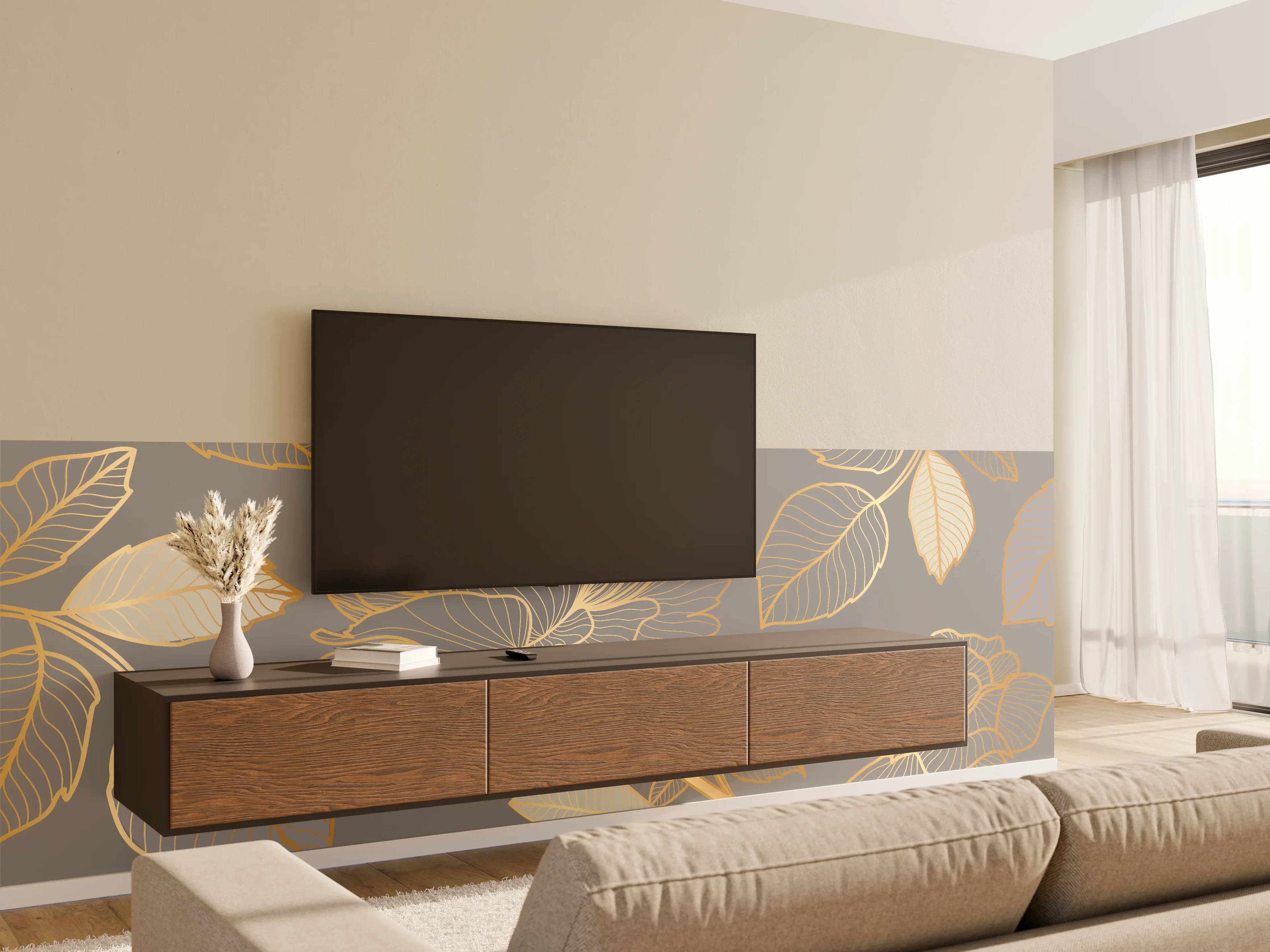 Wandverkleidung Wohnzimmer - Florales Gold-Muster Design