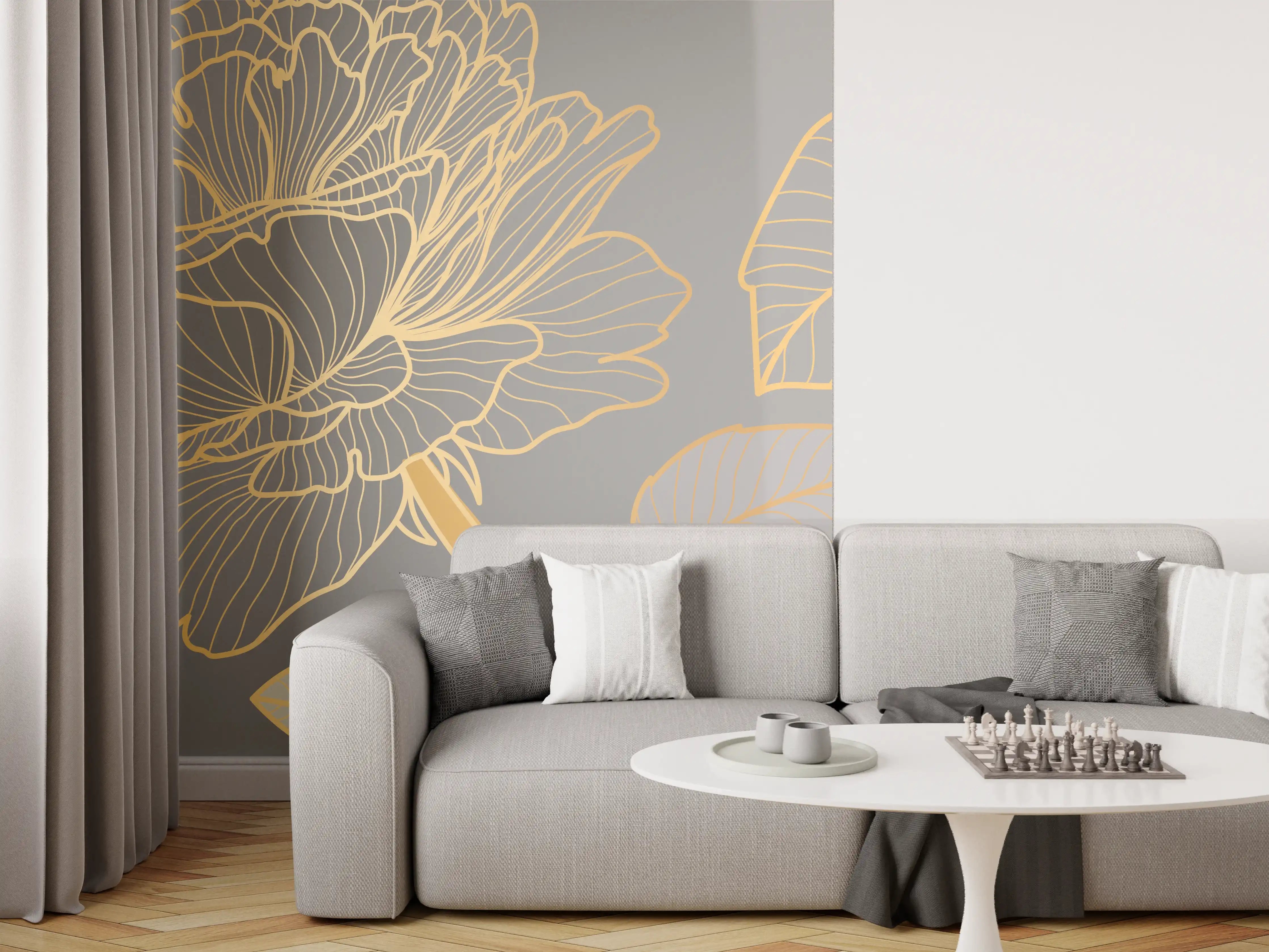 Wandverkleidung Wohnzimmer - Florales Gold-Muster Design
