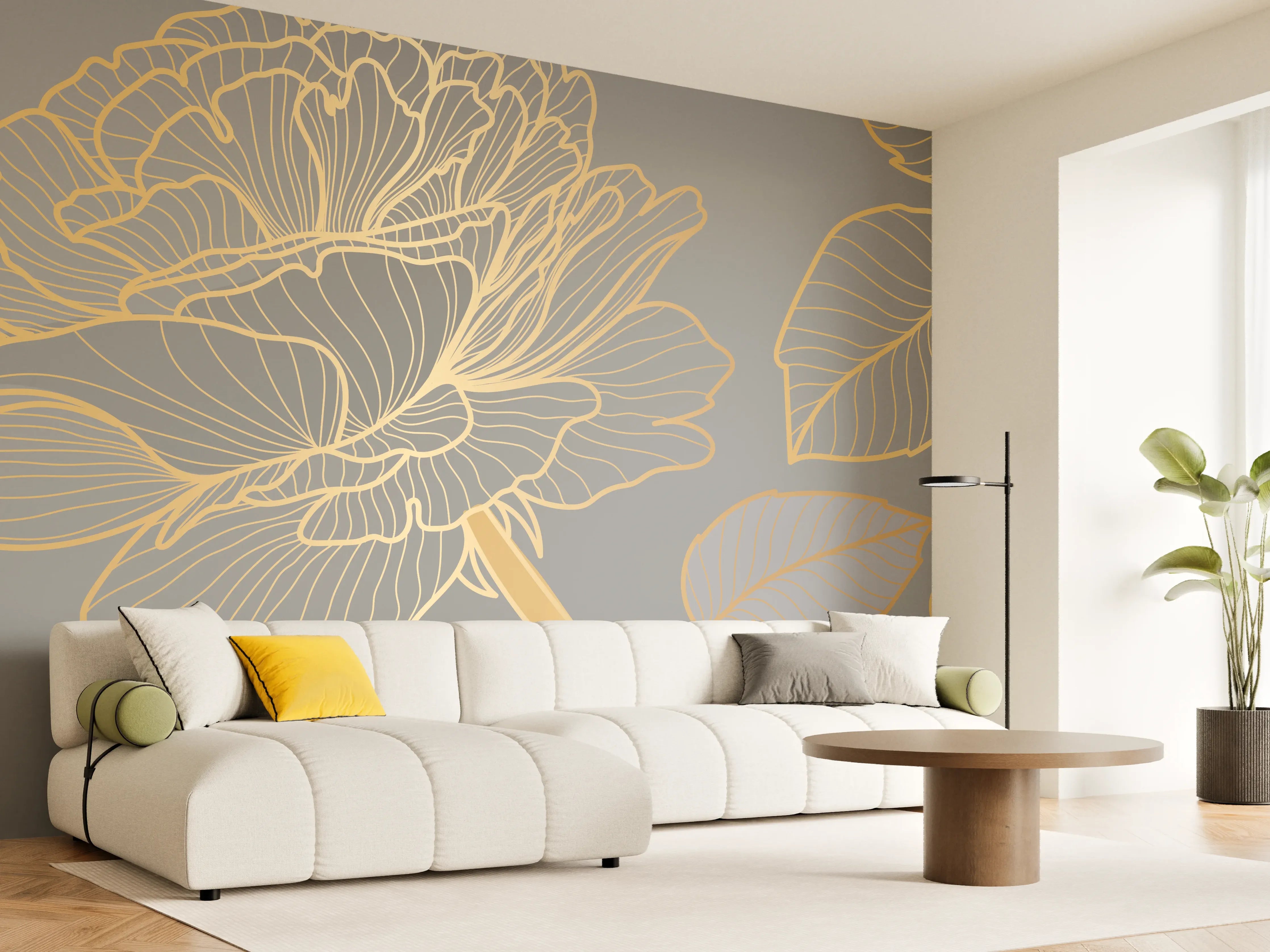 Wandverkleidung Wohnzimmer - Florales Gold-Muster Design