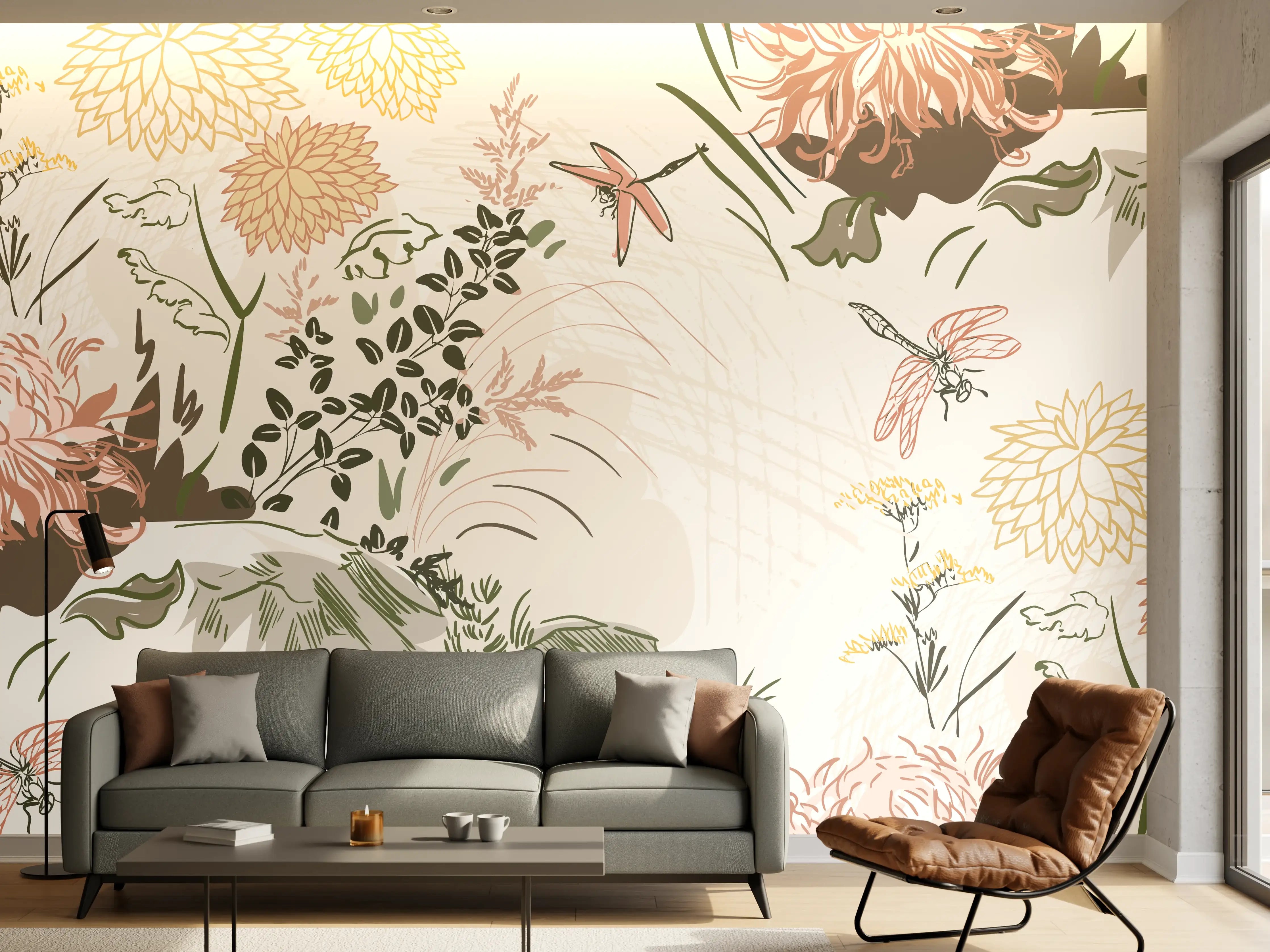 Wandverkleidung Wohnzimmer - Florales Muster Beige-Grün-Rosa