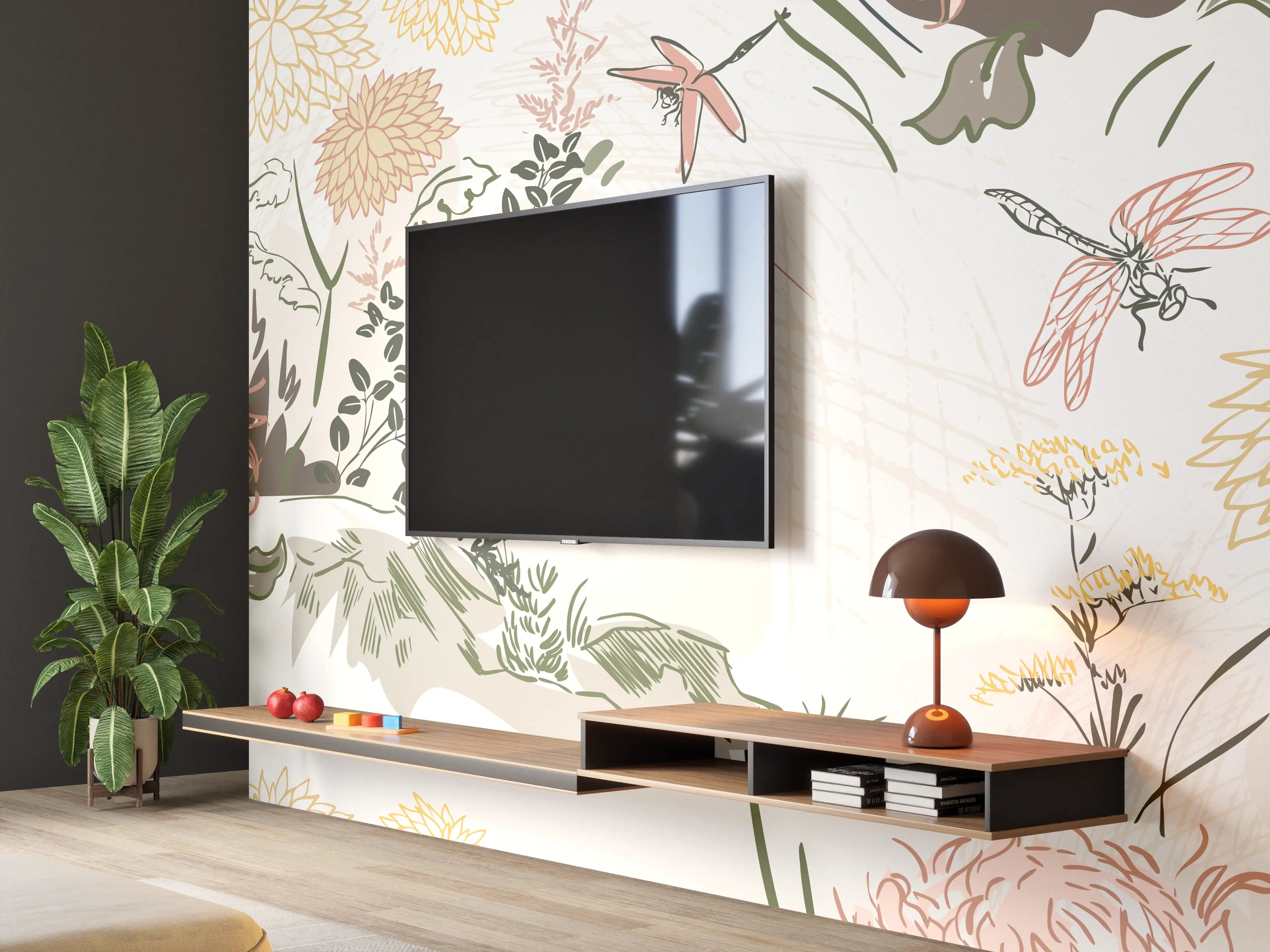 Wandverkleidung Wohnzimmer - Florales Muster Beige-Grün-Rosa