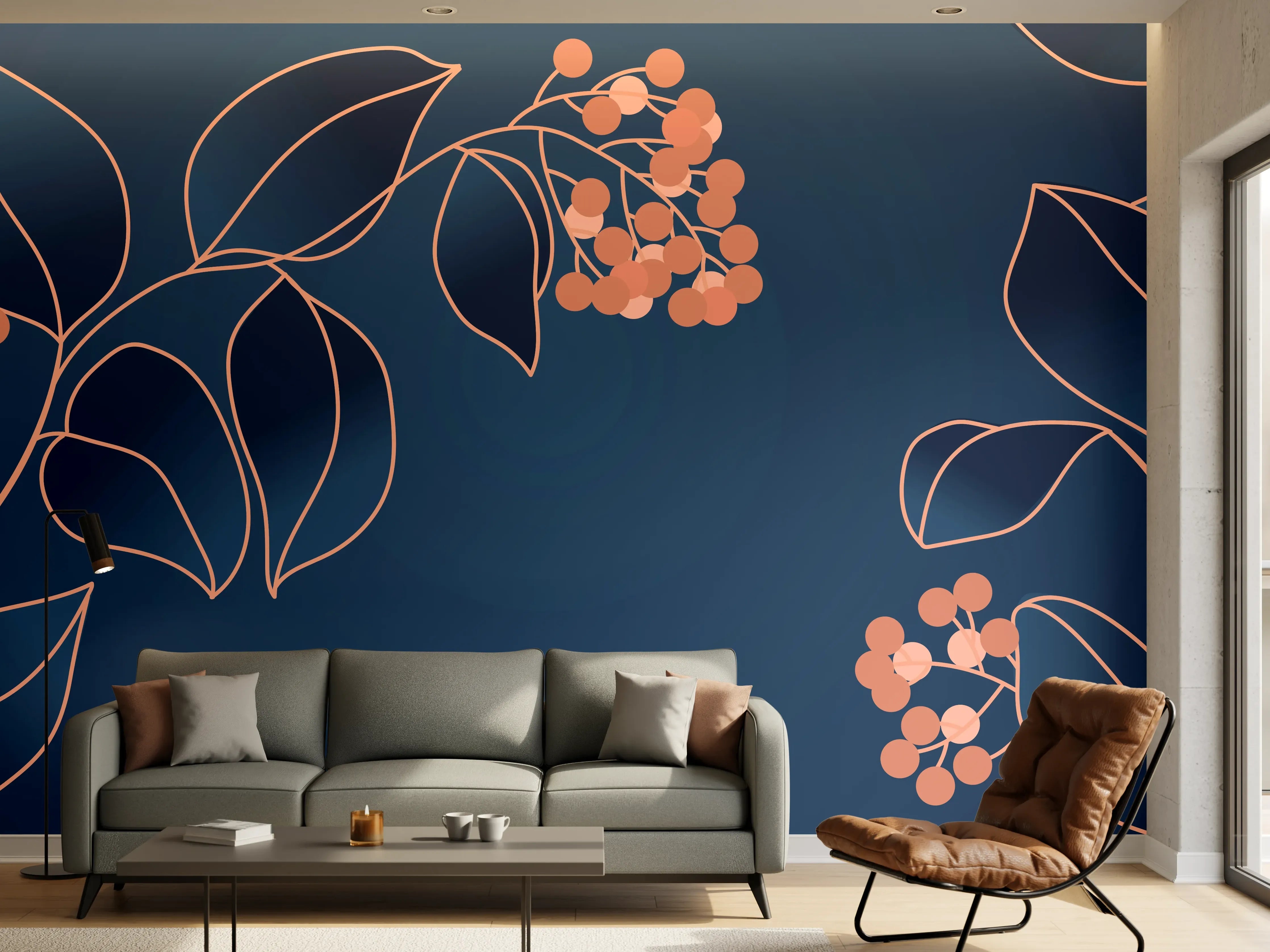 Wandverkleidung Wohnzimmer - Florales Muster Navy-Orange