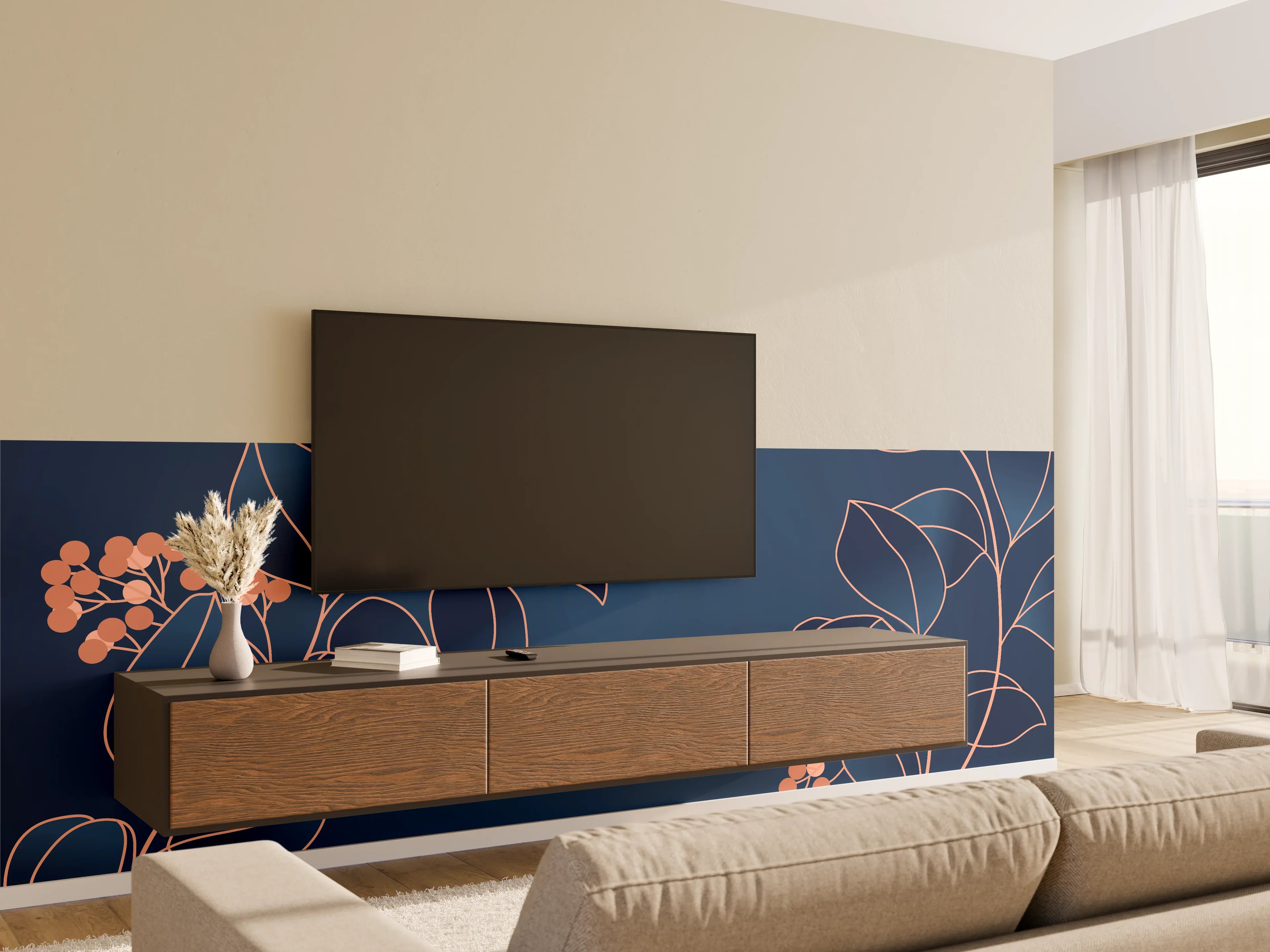 Wandverkleidung Wohnzimmer - Florales Muster Navy-Orange