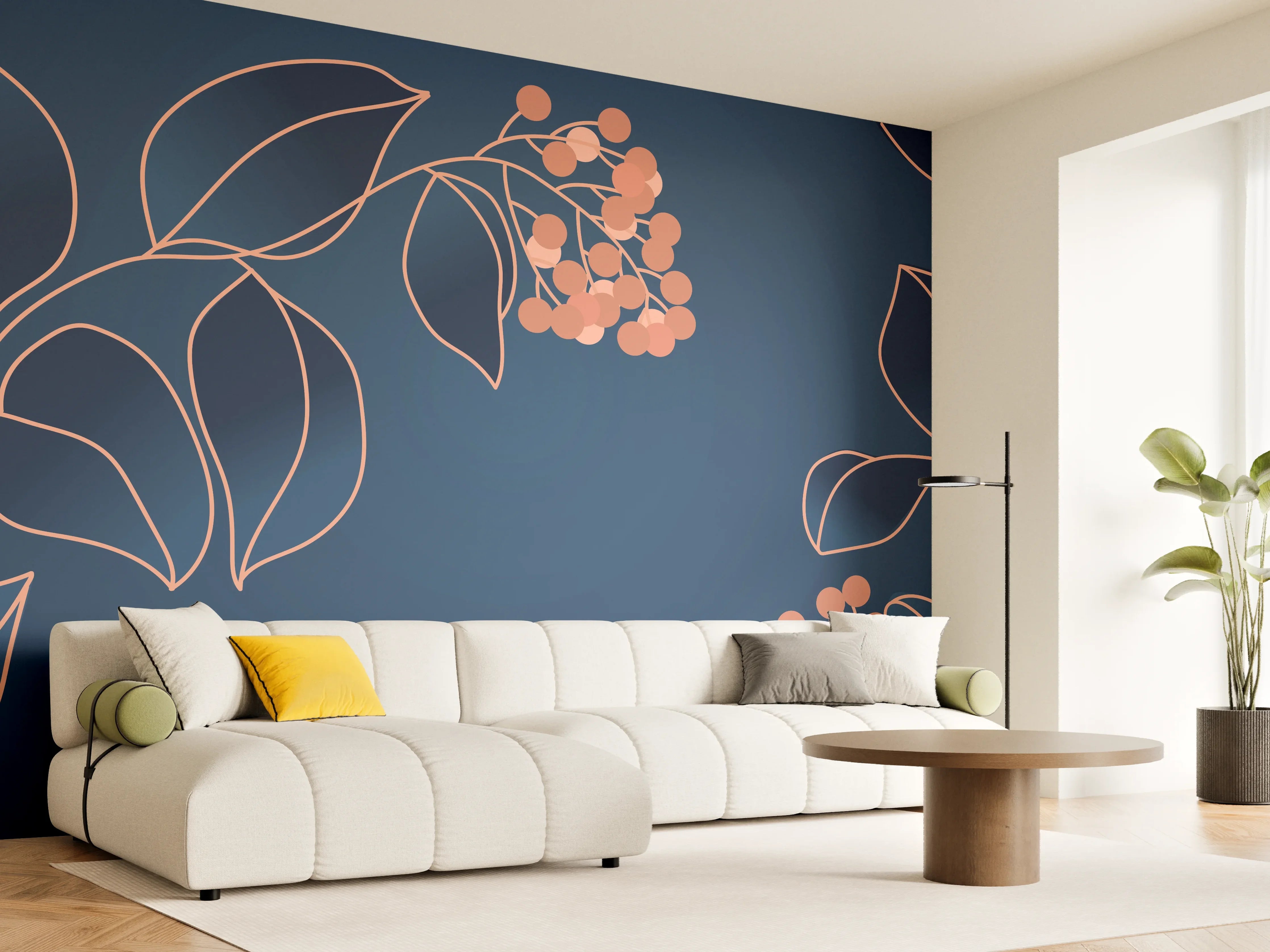 Wandverkleidung Wohnzimmer - Florales Muster Navy-Orange