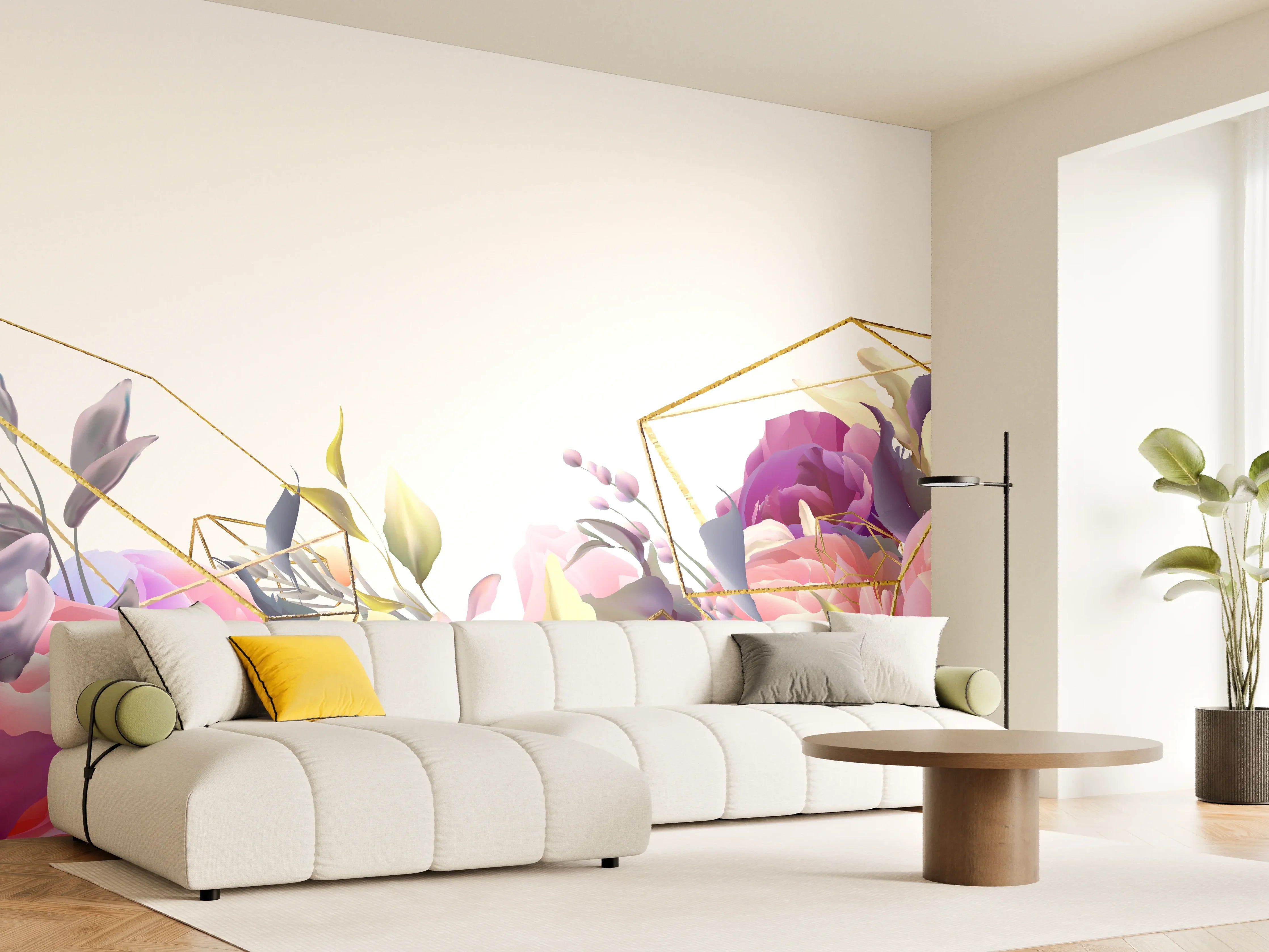 Wandverkleidung Wohnzimmer - Florales Muster mit Goldakzenten