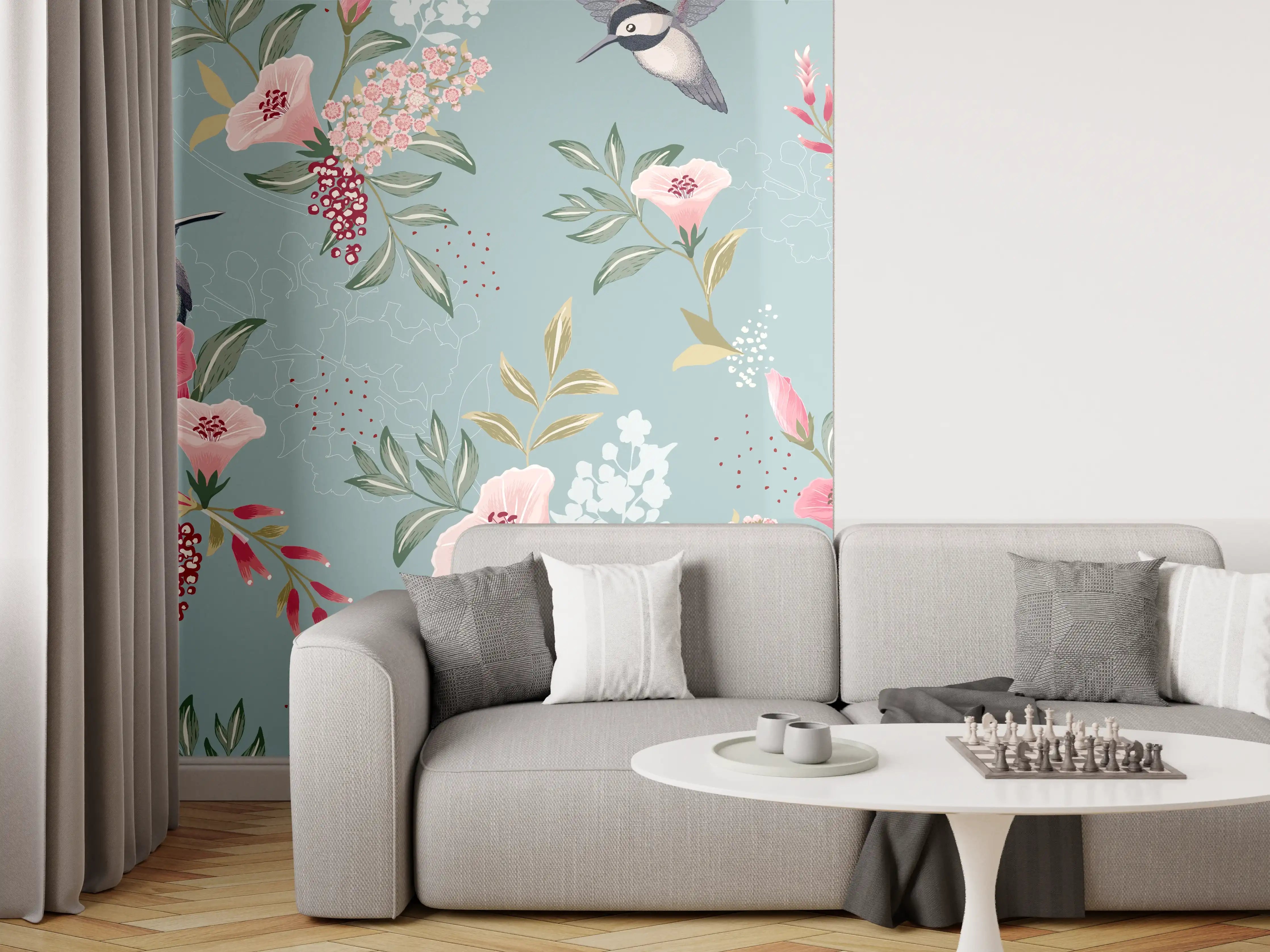 Wandverkleidung Wohnzimmer - Florales Muster mit Vögeln Pastell