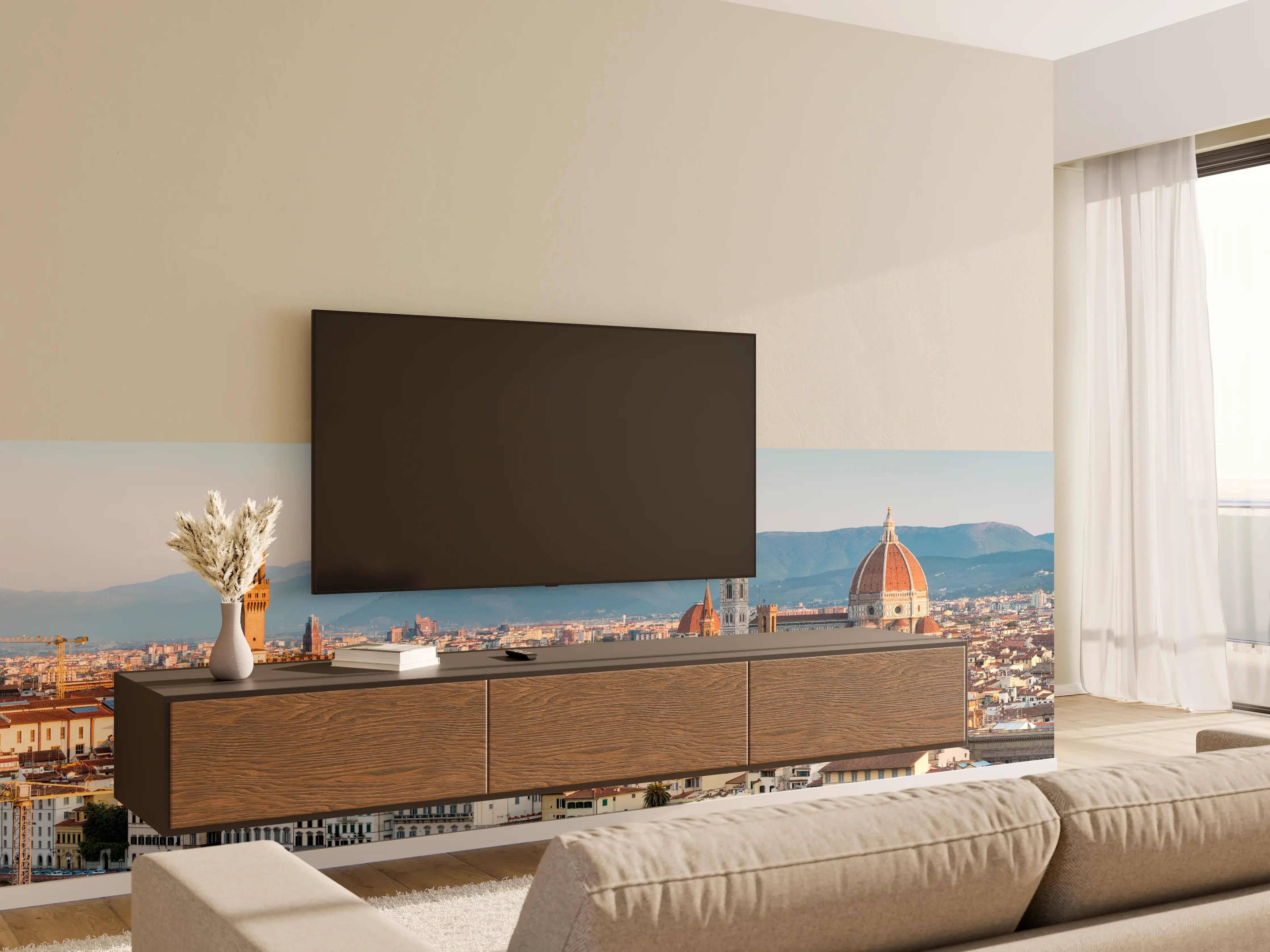 Wandverkleidung Wohnzimmer - Florenz Skyline Blau-Beige