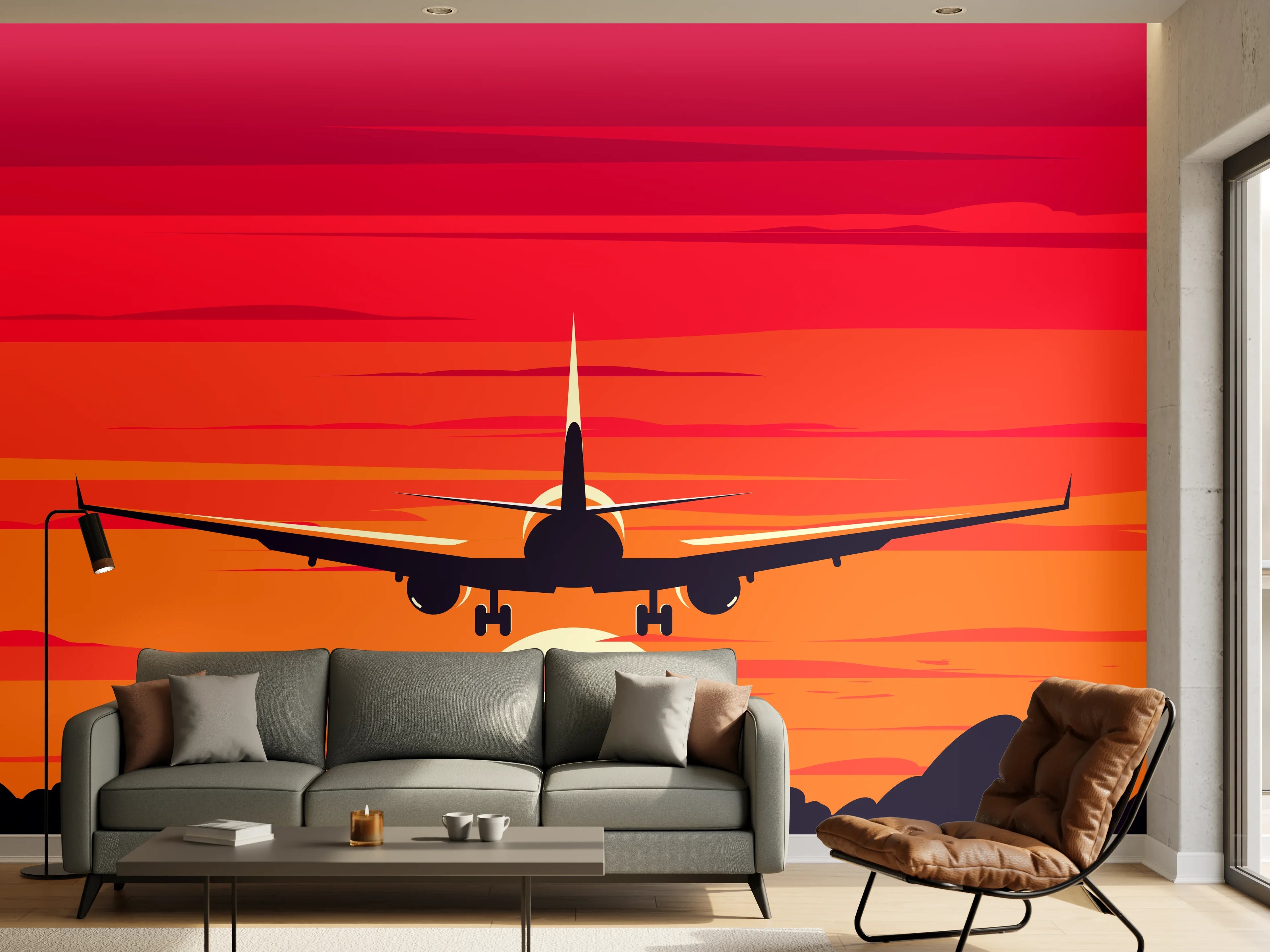 Wandverkleidung Wohnzimmer - Flugzeug im Sonnenuntergang