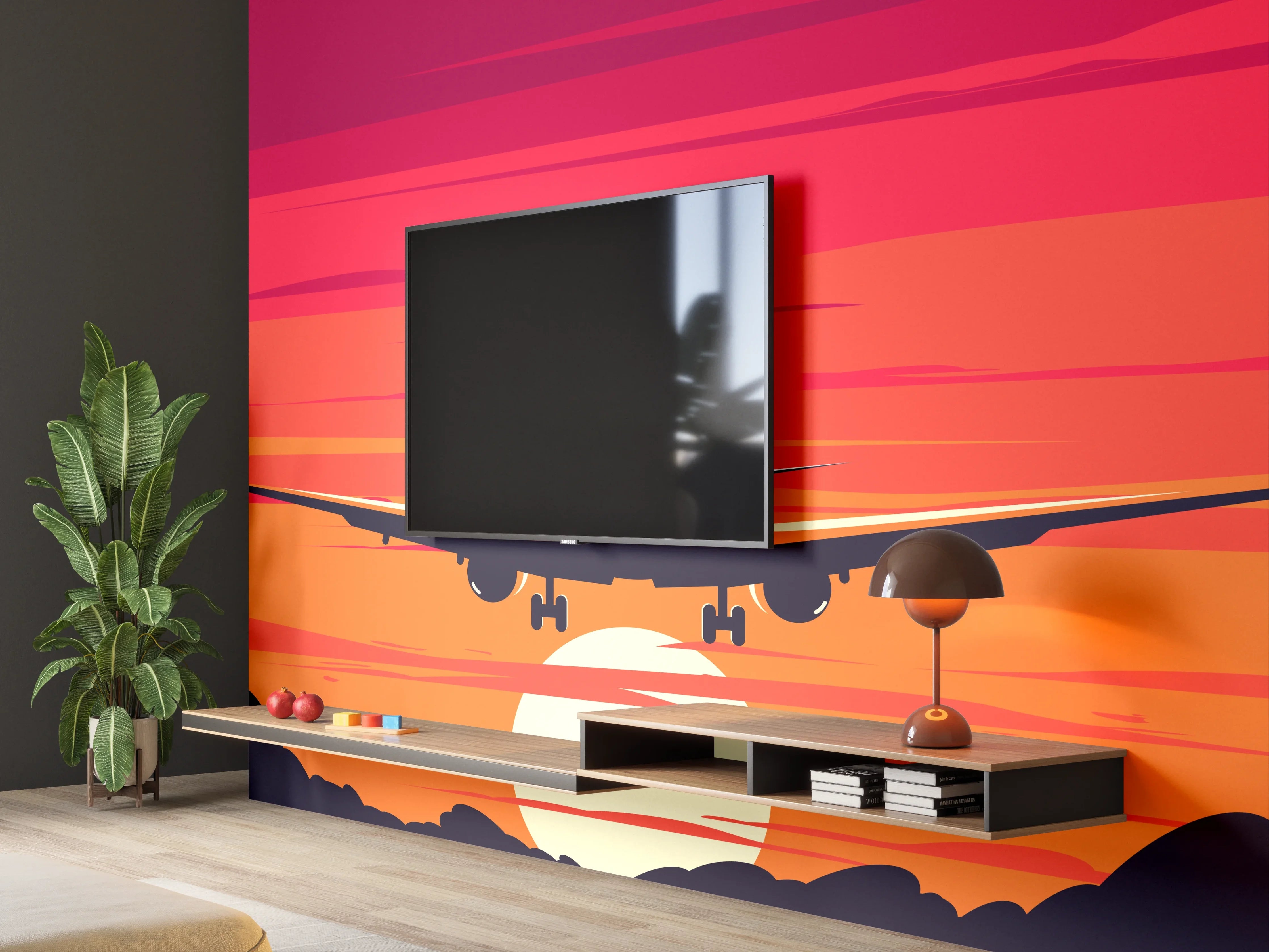 Wandverkleidung Wohnzimmer - Flugzeug im Sonnenuntergang