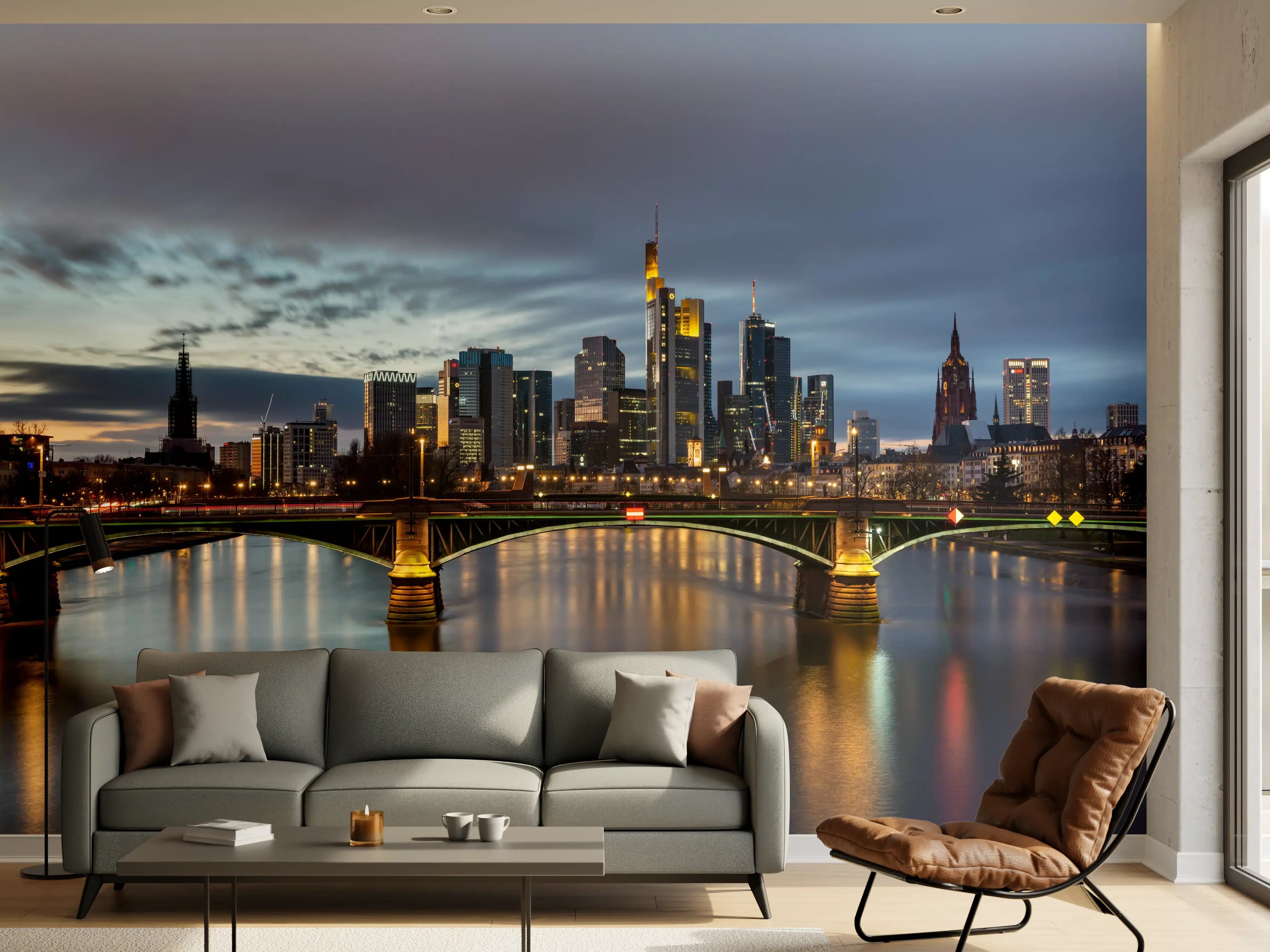 Wandverkleidung Wohnzimmer - Flussansicht in der Dämmerung von Frankfurt