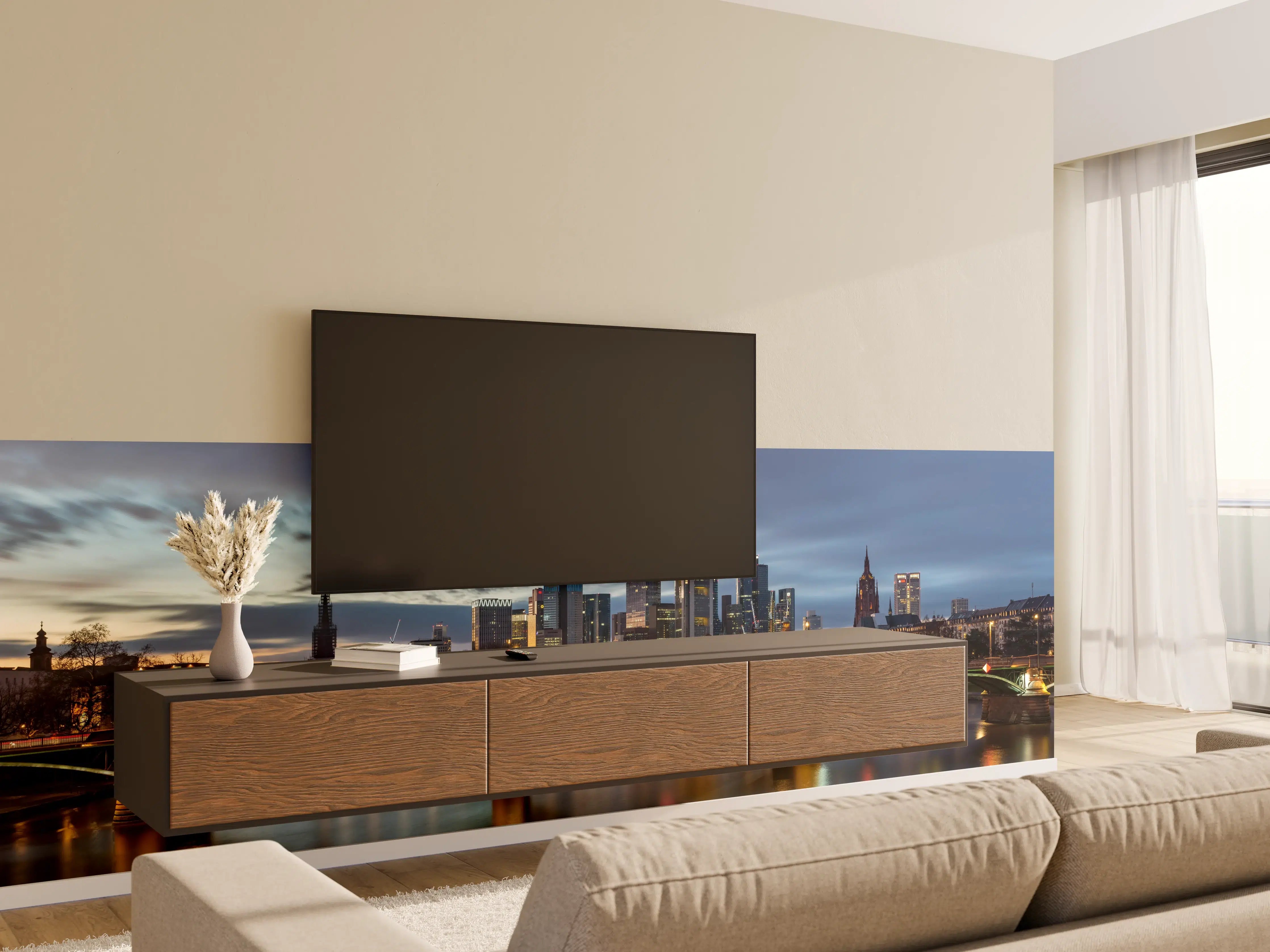 Wandverkleidung Wohnzimmer - Flussansicht in der Dämmerung von Frankfurt