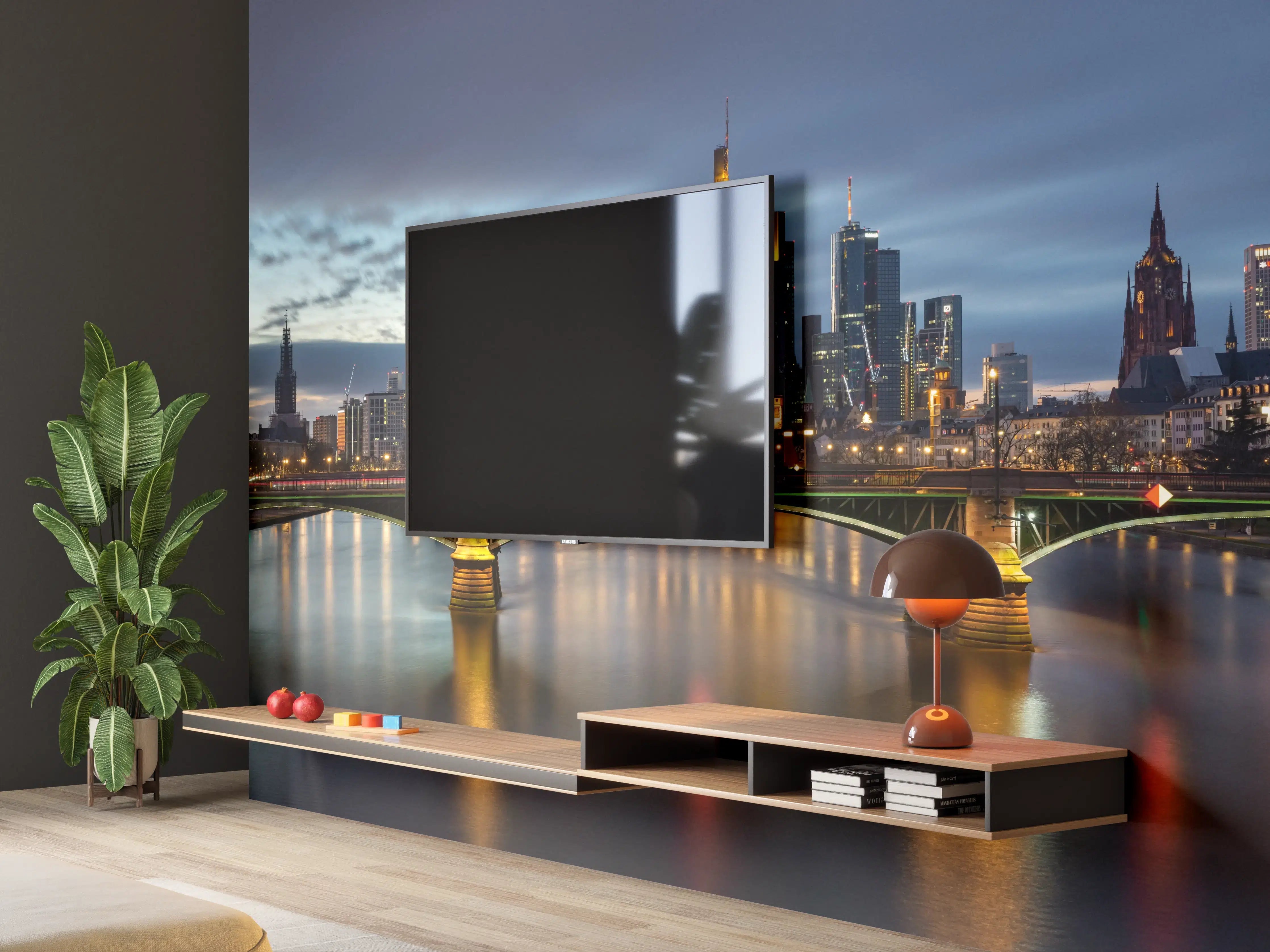Wandverkleidung Wohnzimmer - Flussansicht in der Dämmerung von Frankfurt