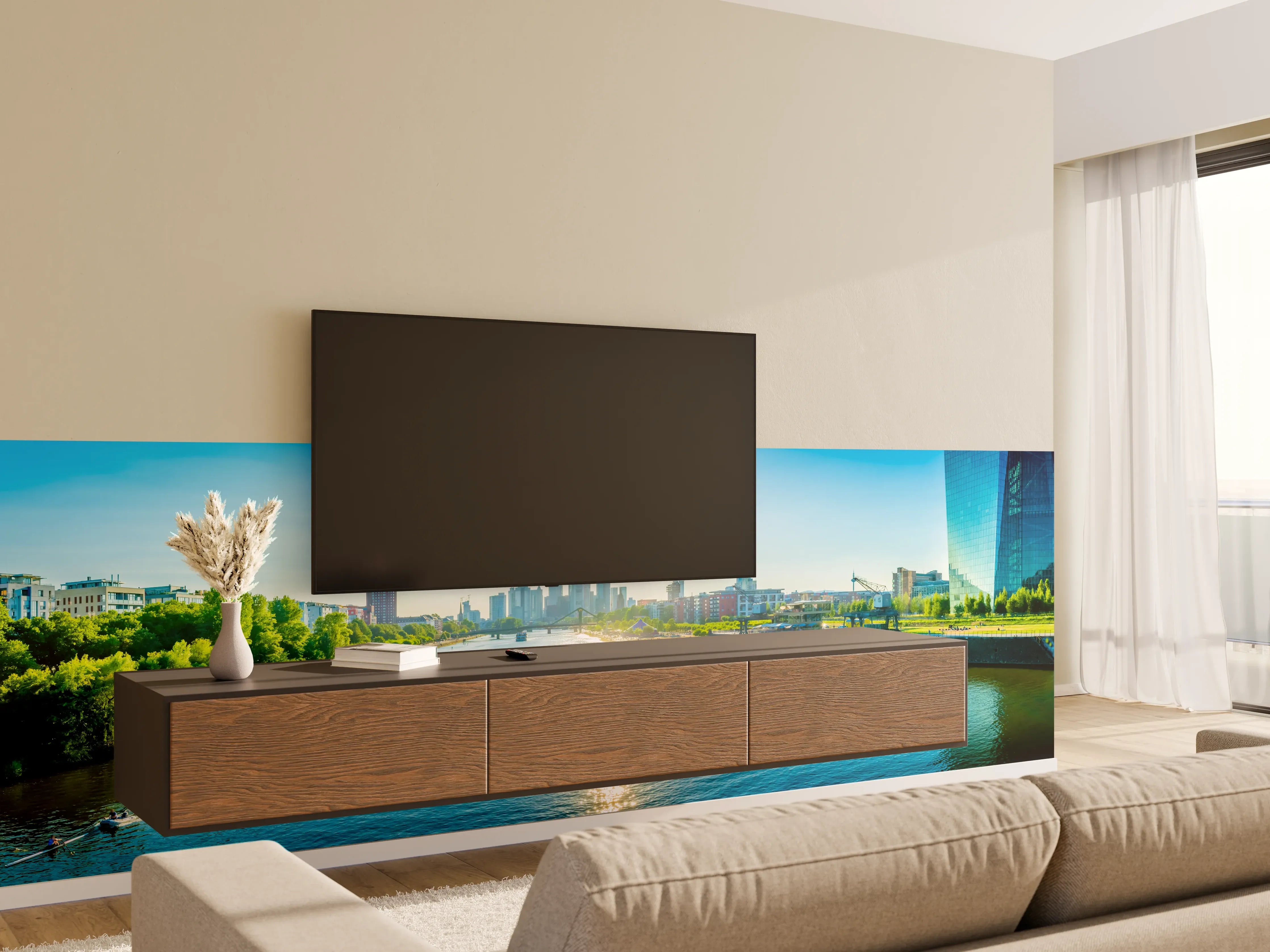 Wandverkleidung Wohnzimmer - Frankfurt EZB bei Tag