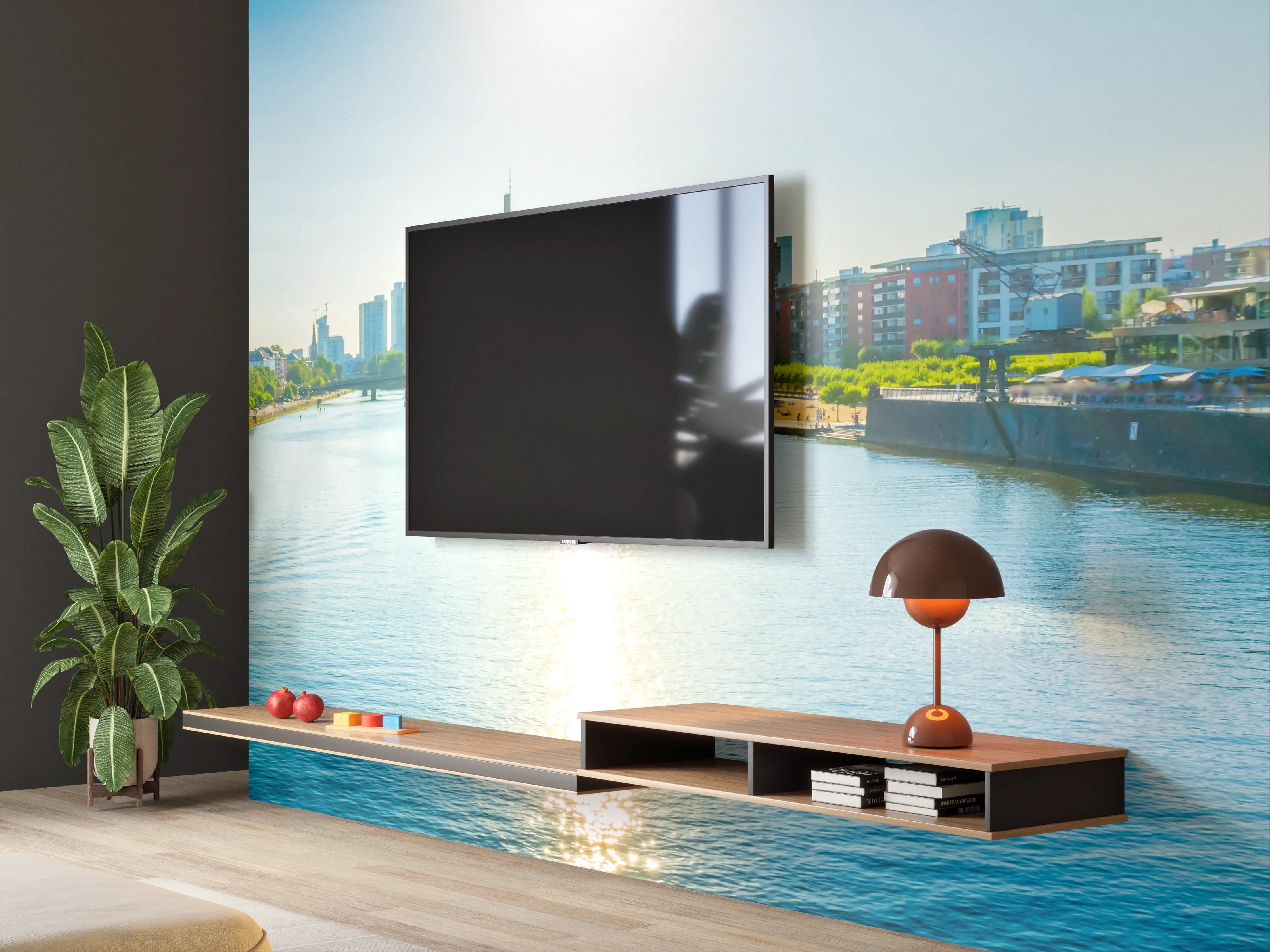 Wandverkleidung Wohnzimmer - Frankfurt EZB bei Tag