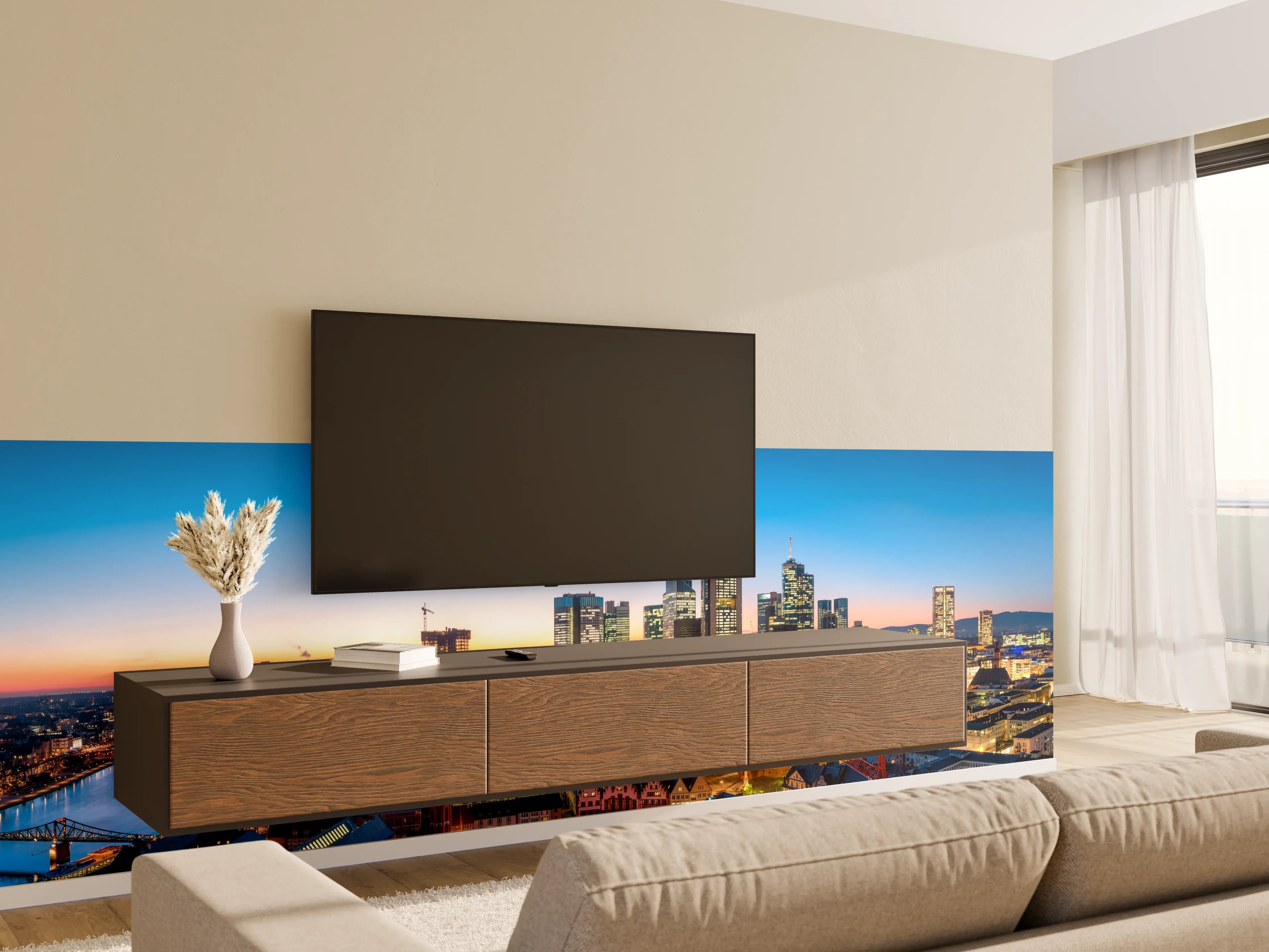 Wandverkleidung Wohnzimmer - Frankfurt Skyline Dämmerung