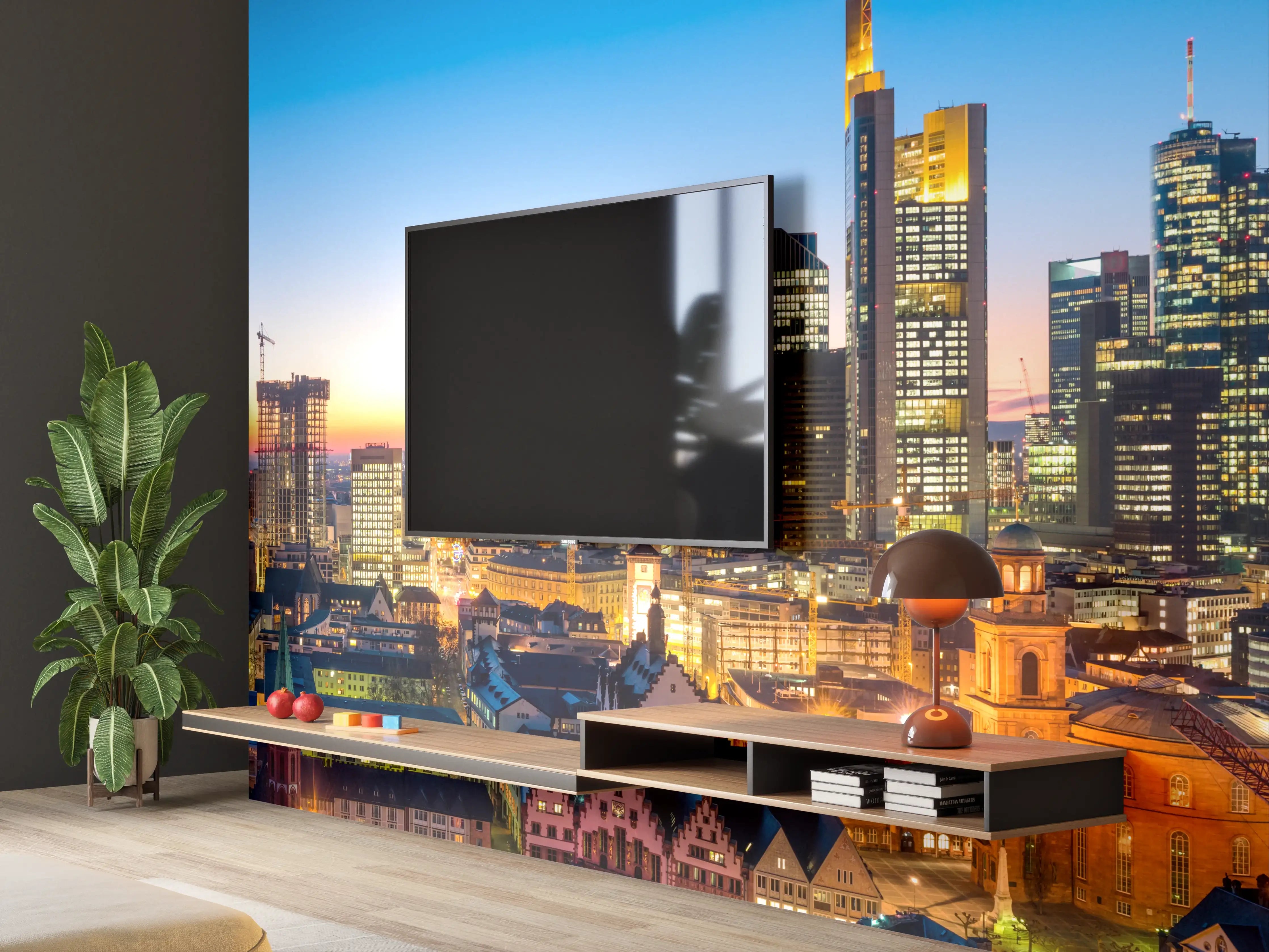 Wandverkleidung Wohnzimmer - Frankfurt Skyline Dämmerung