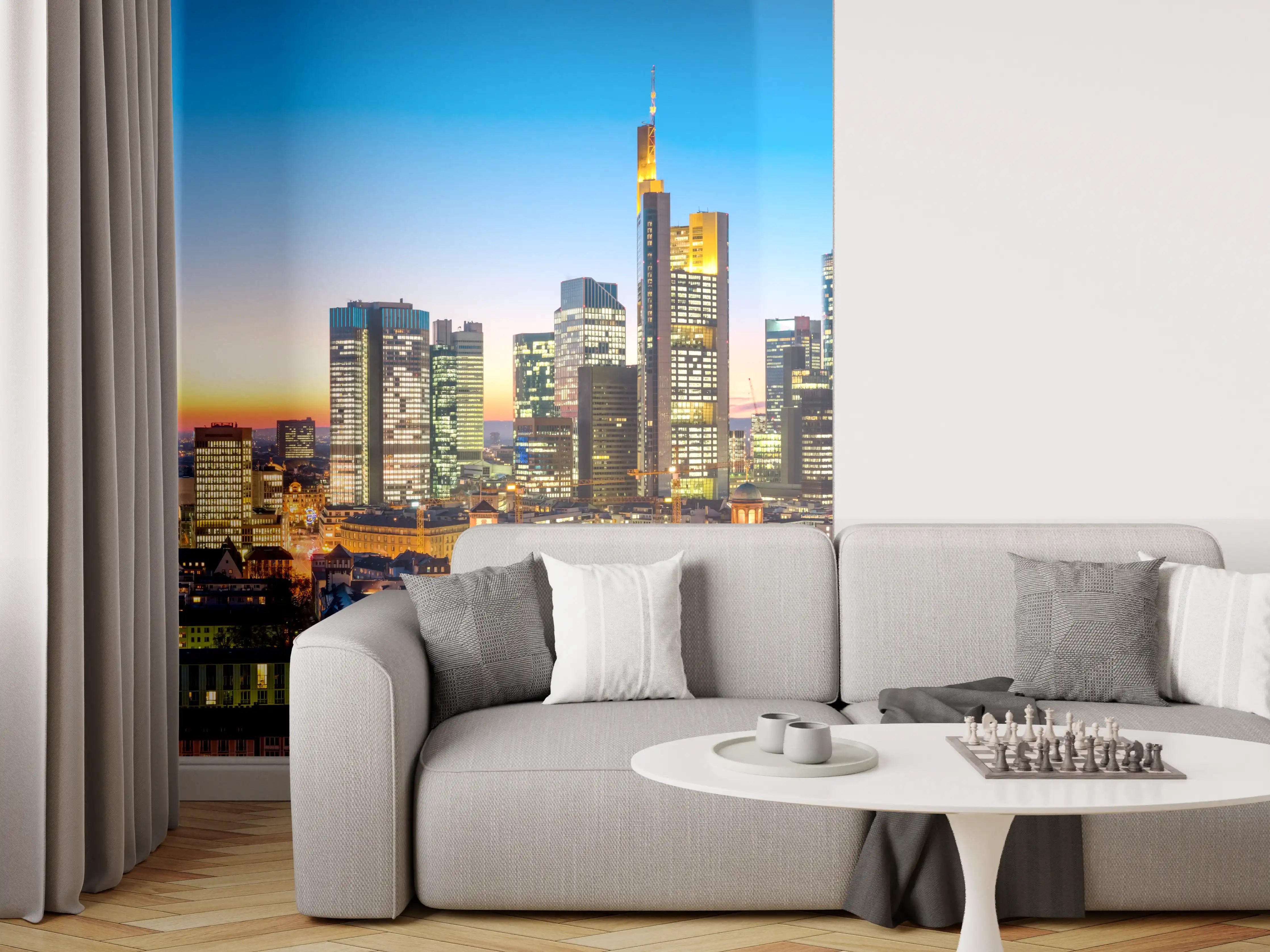 Wandverkleidung Wohnzimmer - Frankfurt Skyline Dämmerung