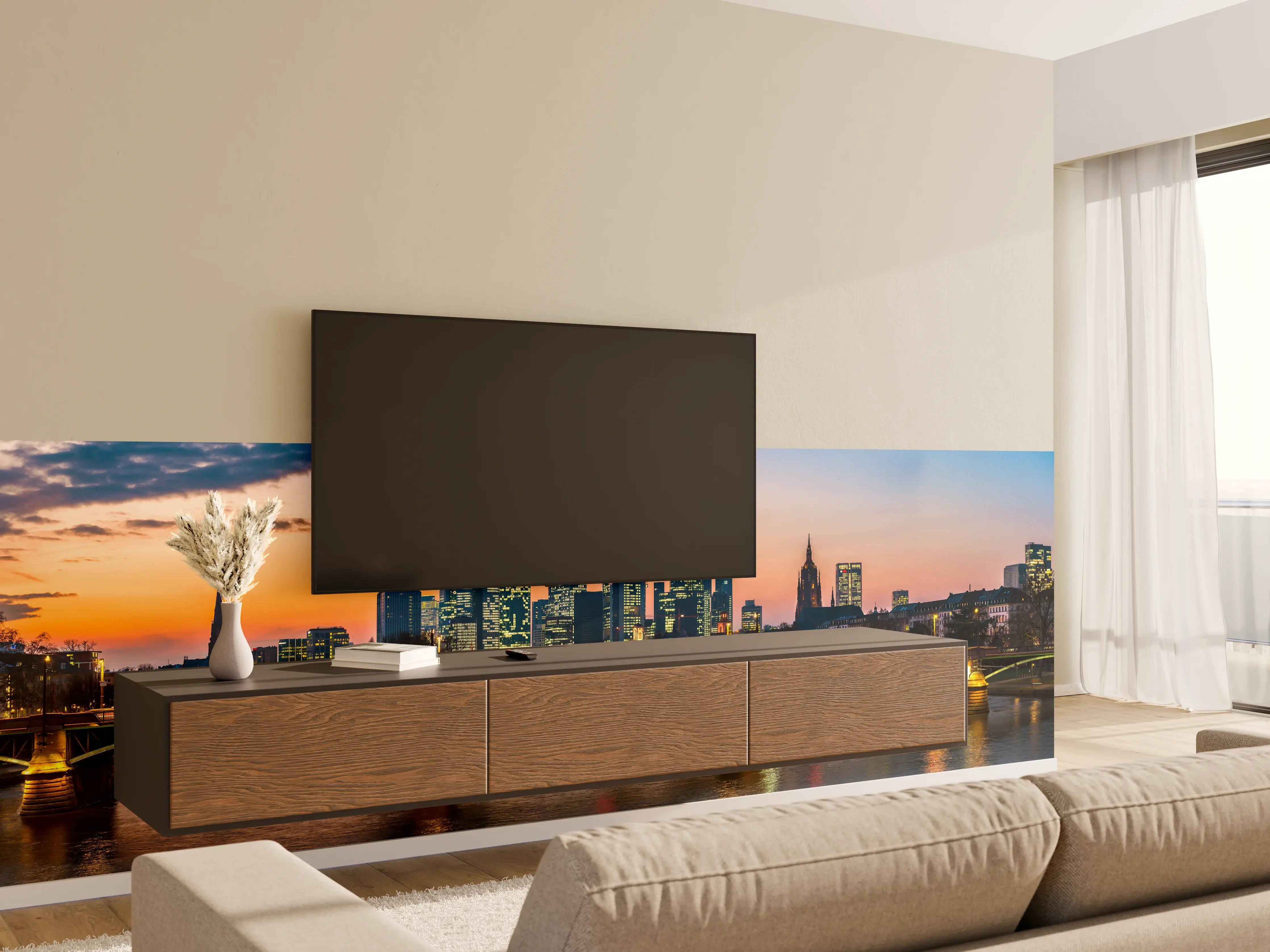 Wandverkleidung Wohnzimmer - Frankfurt Skyline Sonnenuntergang
