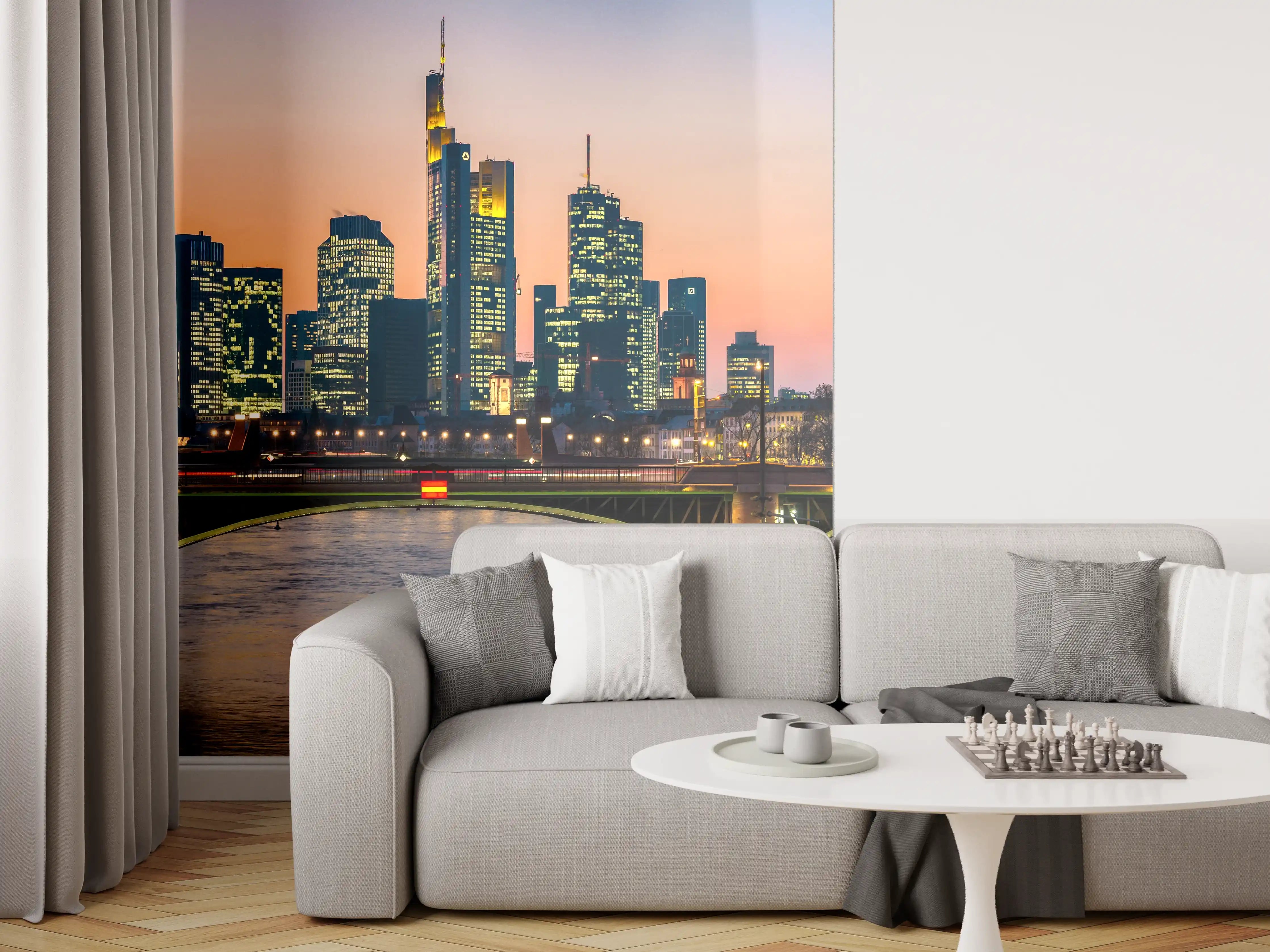 Wandverkleidung Wohnzimmer - Frankfurt Skyline Sonnenuntergang