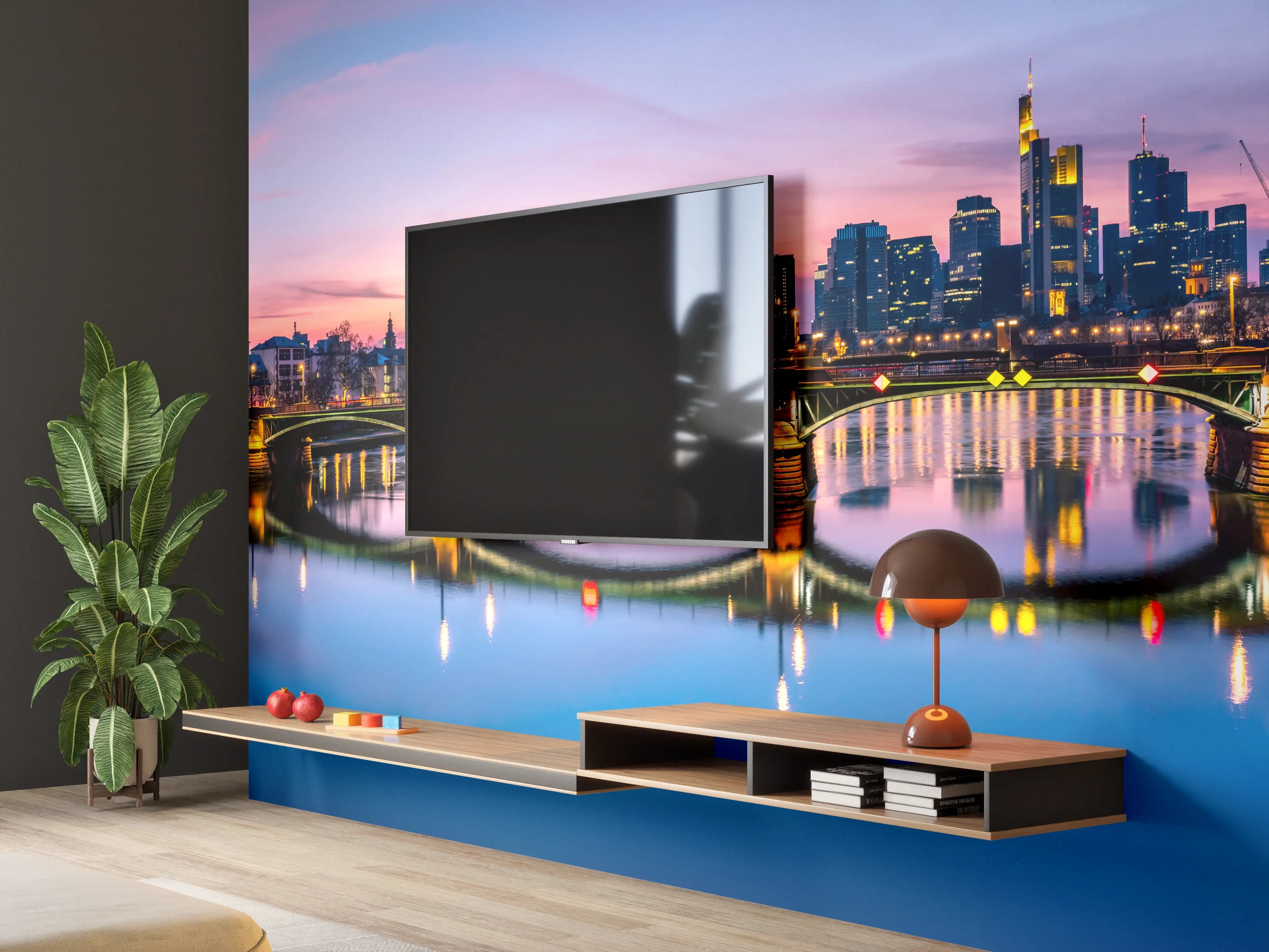 Wandverkleidung Wohnzimmer - Frankfurt Skyline Wasserspiegelung