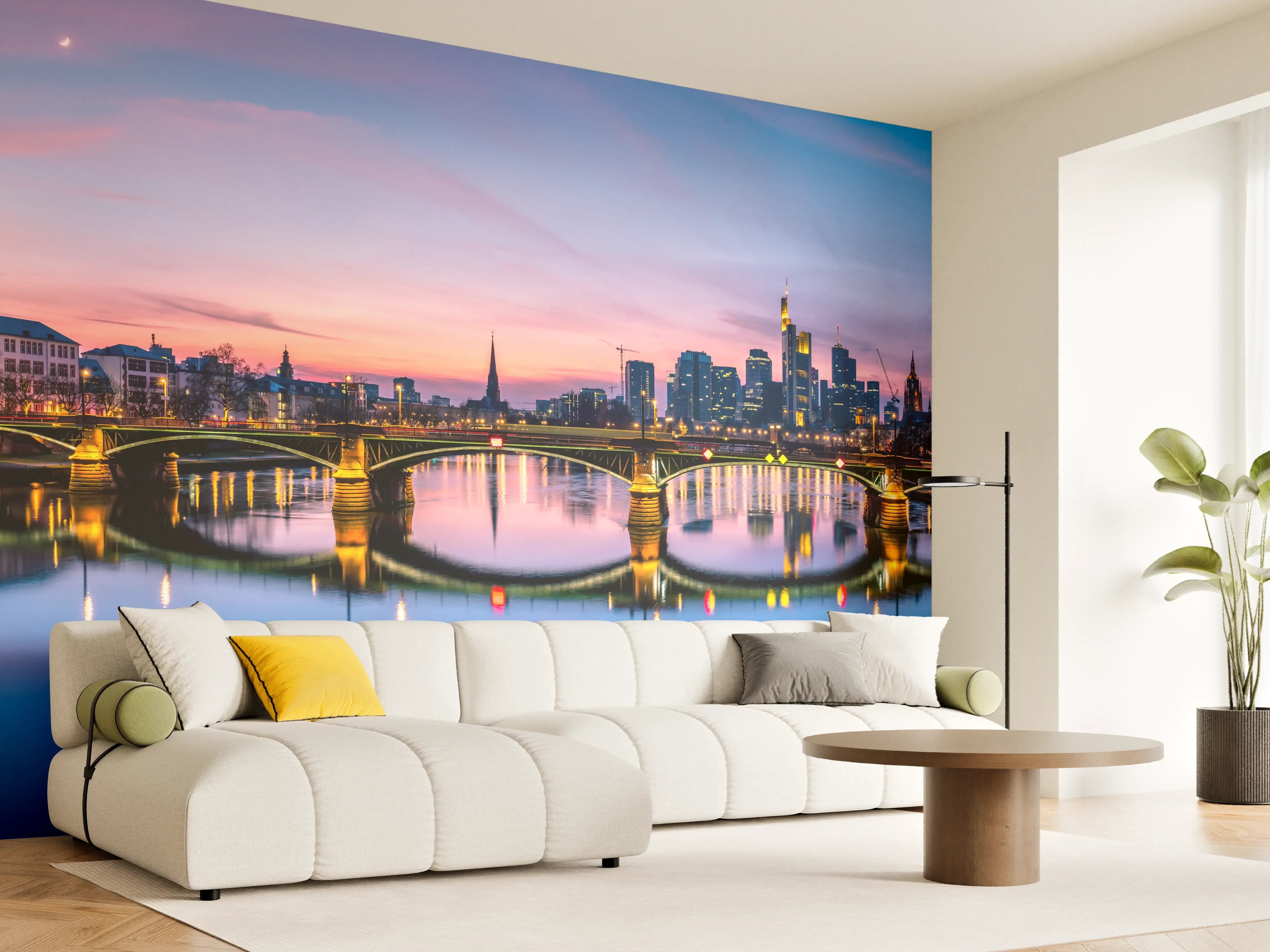 Wandverkleidung Wohnzimmer - Frankfurt Skyline Wasserspiegelung