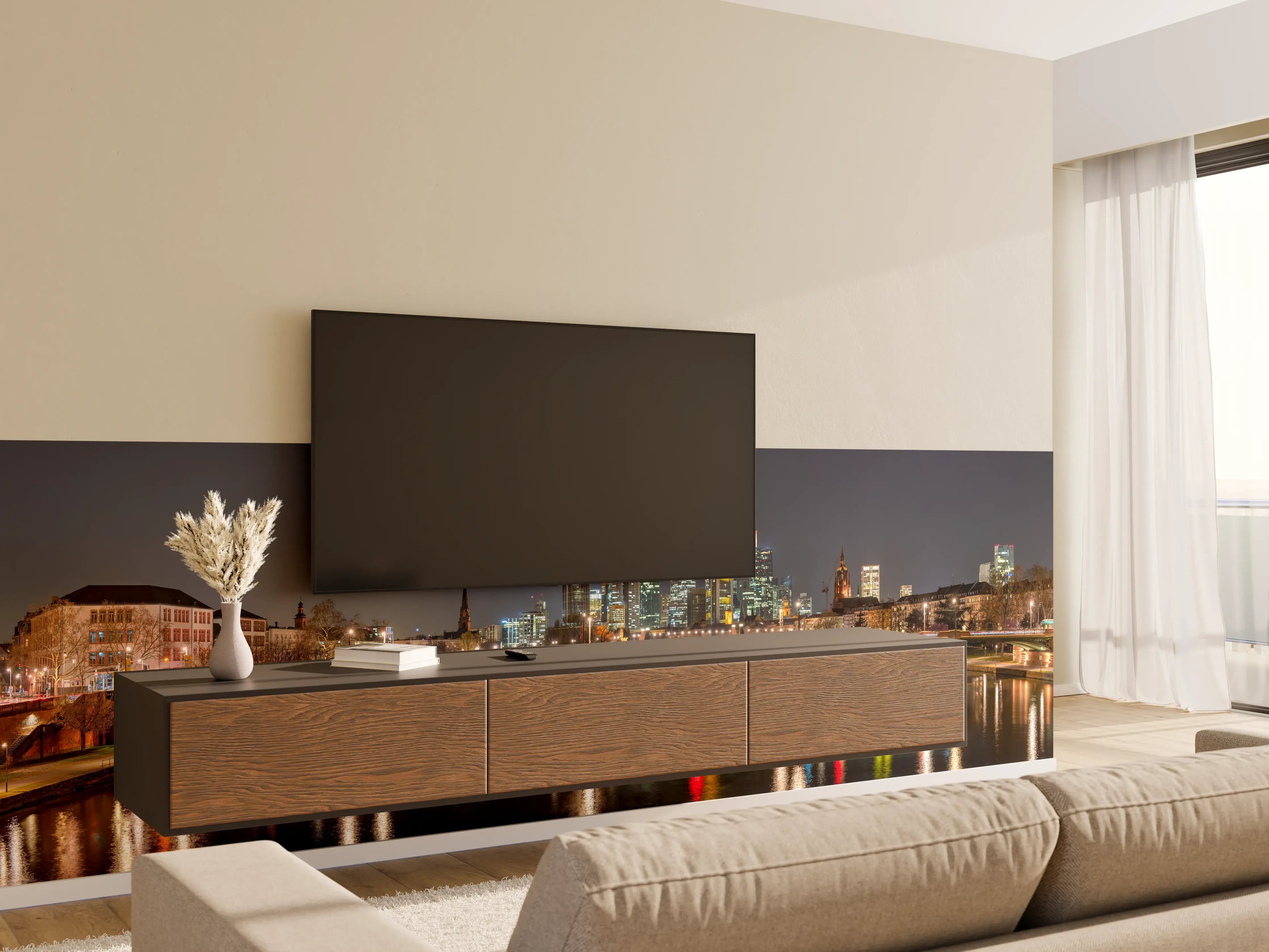 Wandverkleidung Wohnzimmer - Frankfurt Skyline bei Nacht