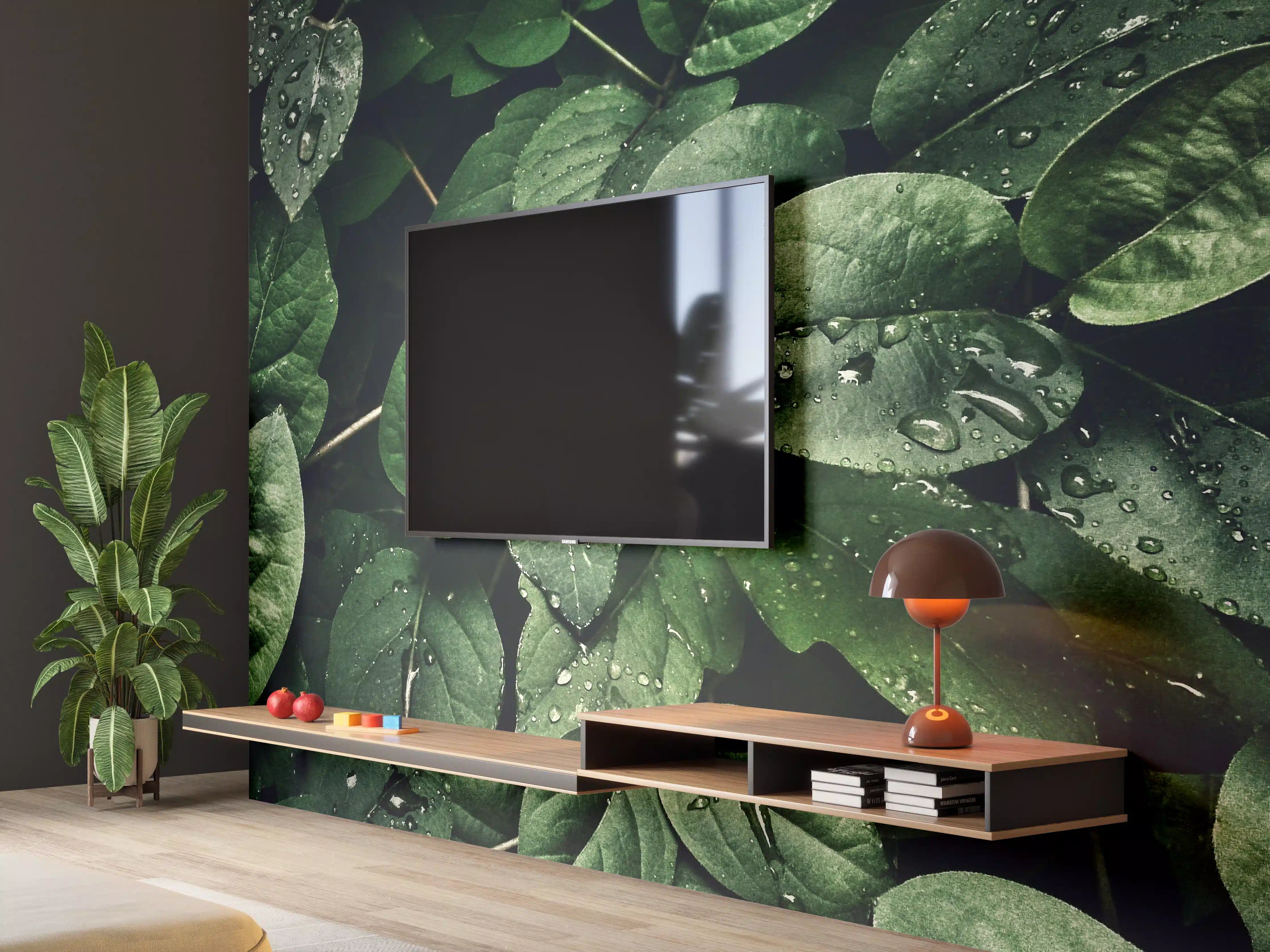 Wandverkleidung Wohnzimmer - Frische Grünblätter mit Wassertropfen