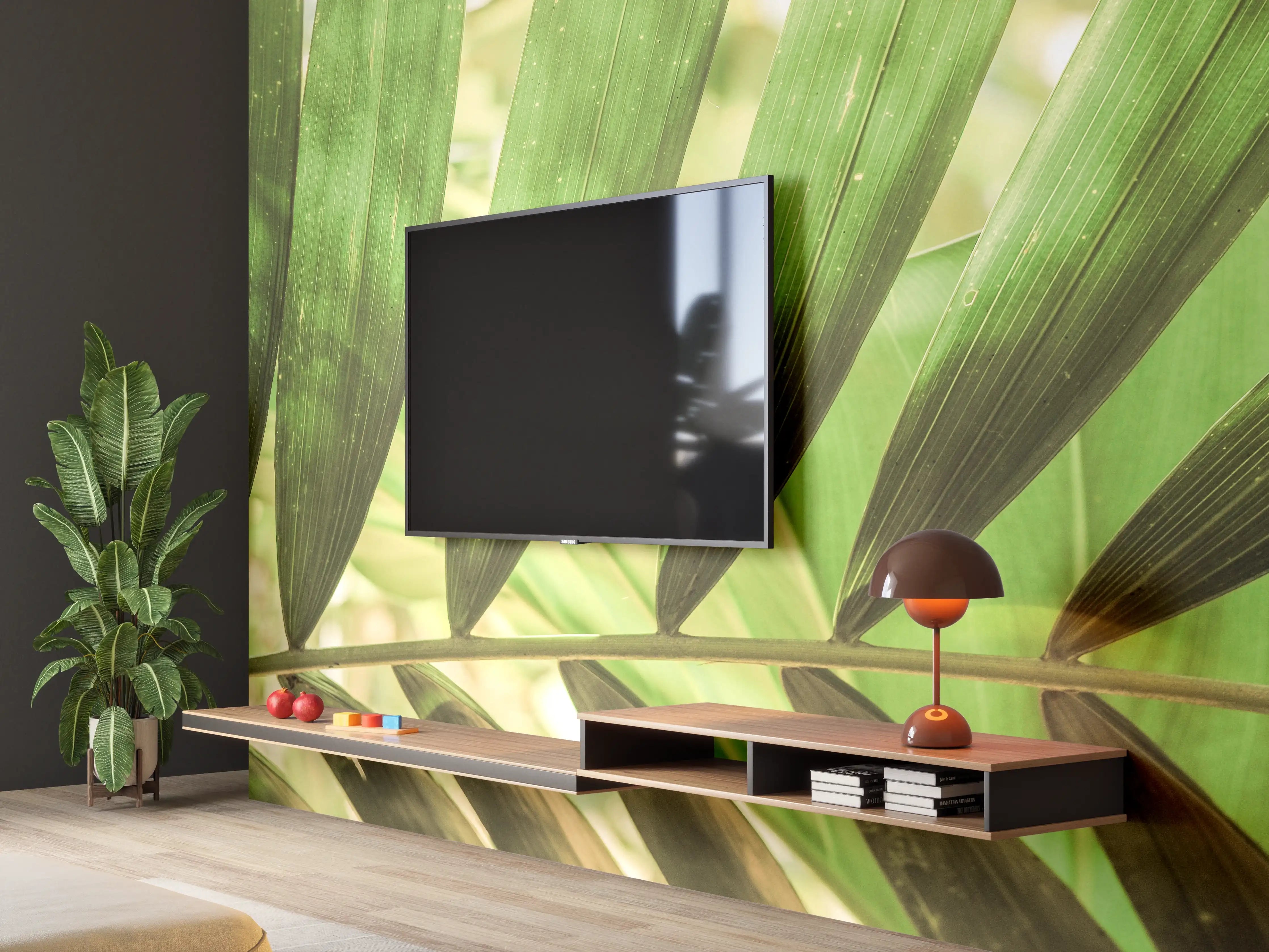 Wandverkleidung Wohnzimmer - Frische grüne Palmblätter im Sonnenlicht