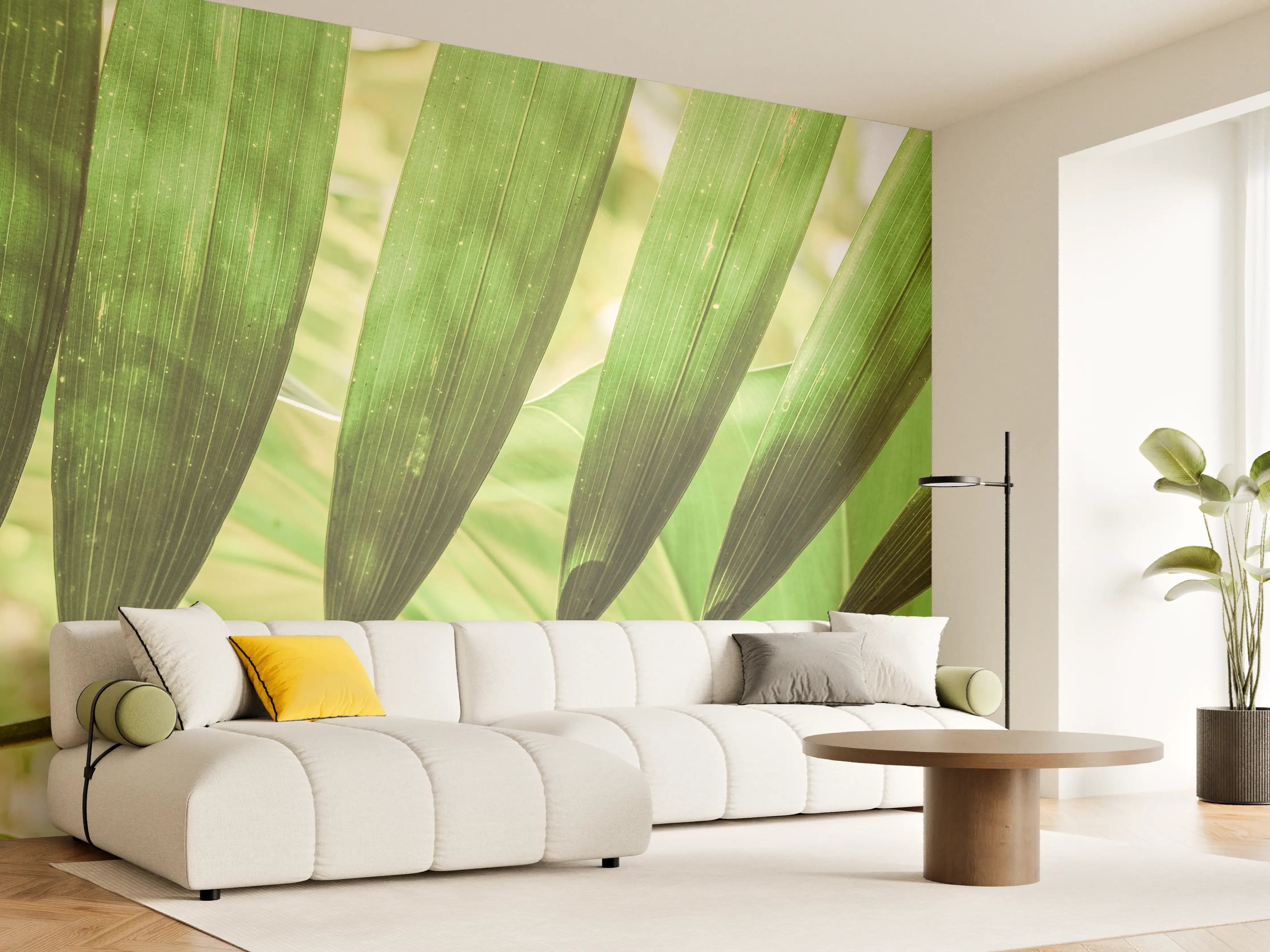 Wandverkleidung Wohnzimmer - Frische grüne Palmblätter im Sonnenlicht