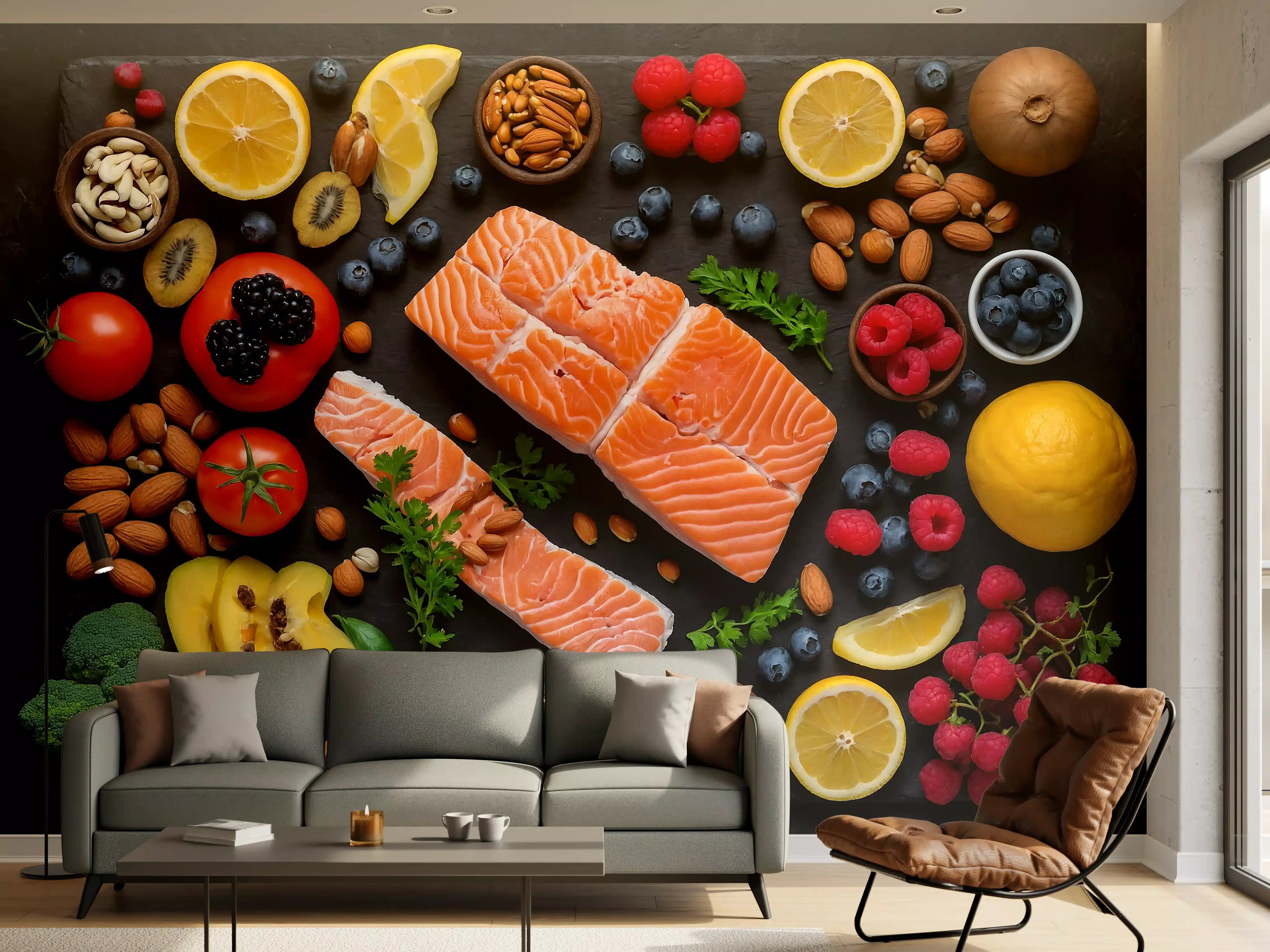 Wandverkleidung Wohnzimmer - Frischer Lachs mit Beeren