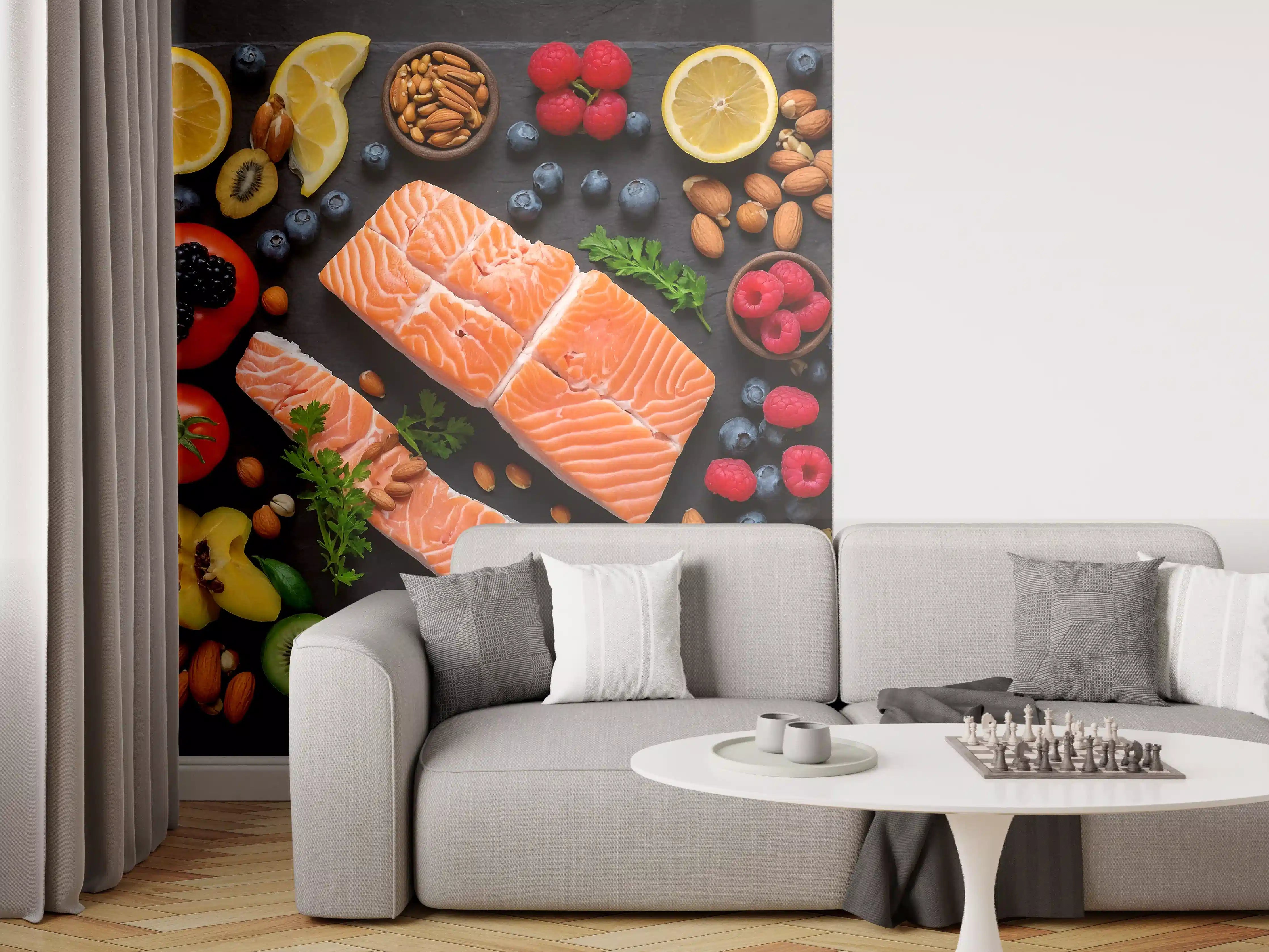 Wandverkleidung Wohnzimmer - Frischer Lachs mit Beeren
