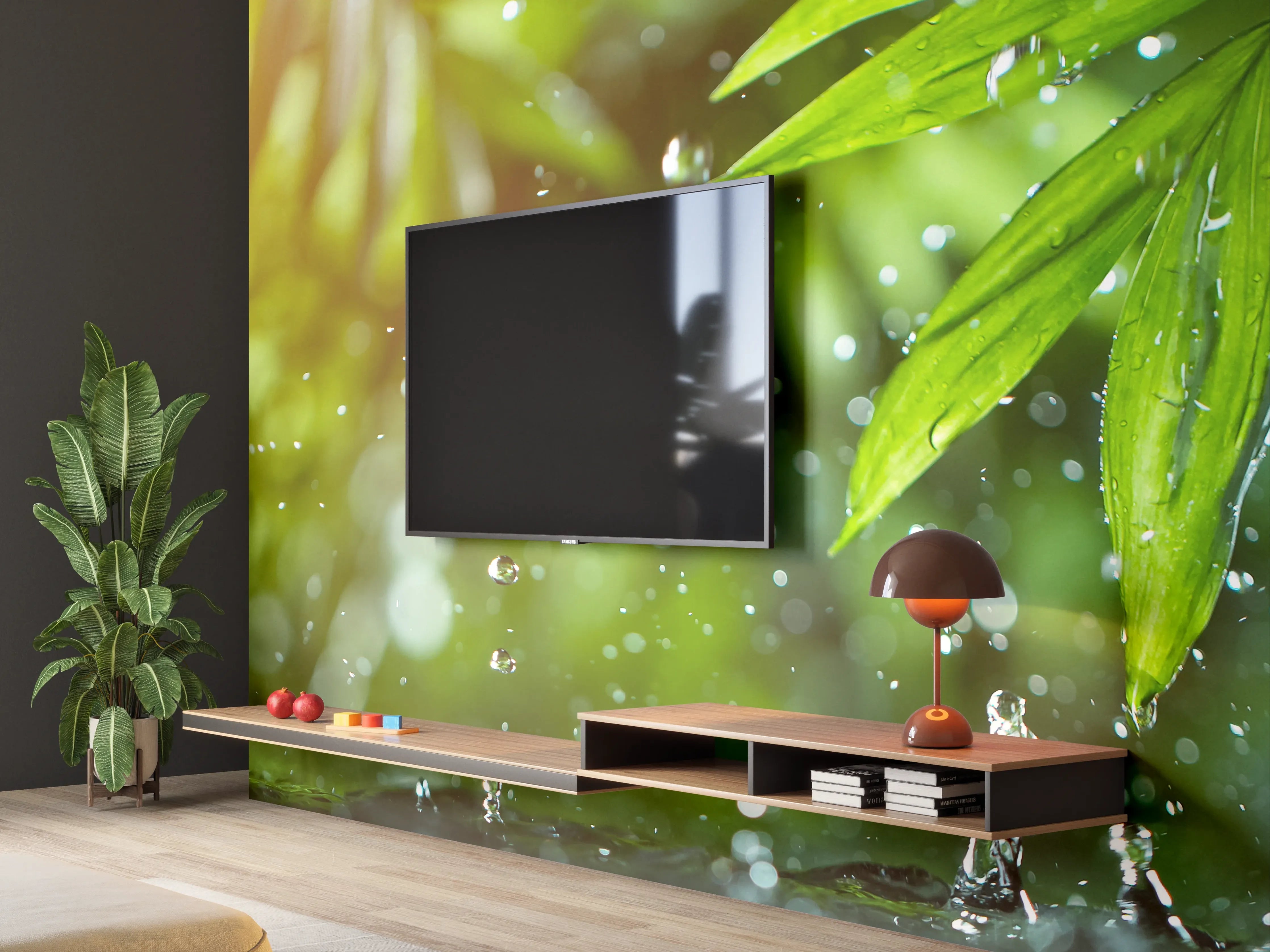 Wandverkleidung Wohnzimmer - Frisches Dschungel-Feeling mit Wasserfunktion