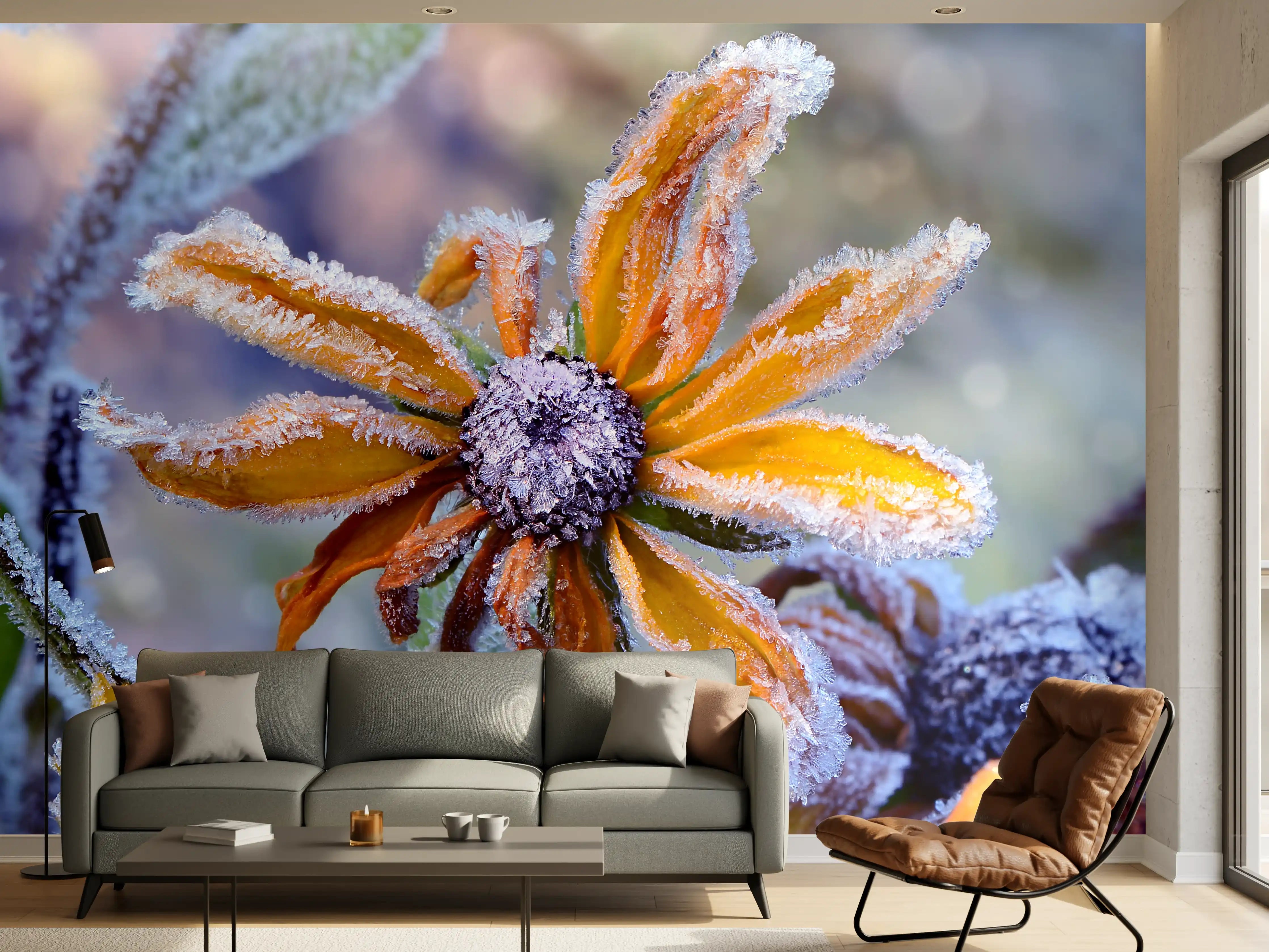Wandverkleidung Wohnzimmer - Frostbedeckte Winterblumen im Morgengrauen