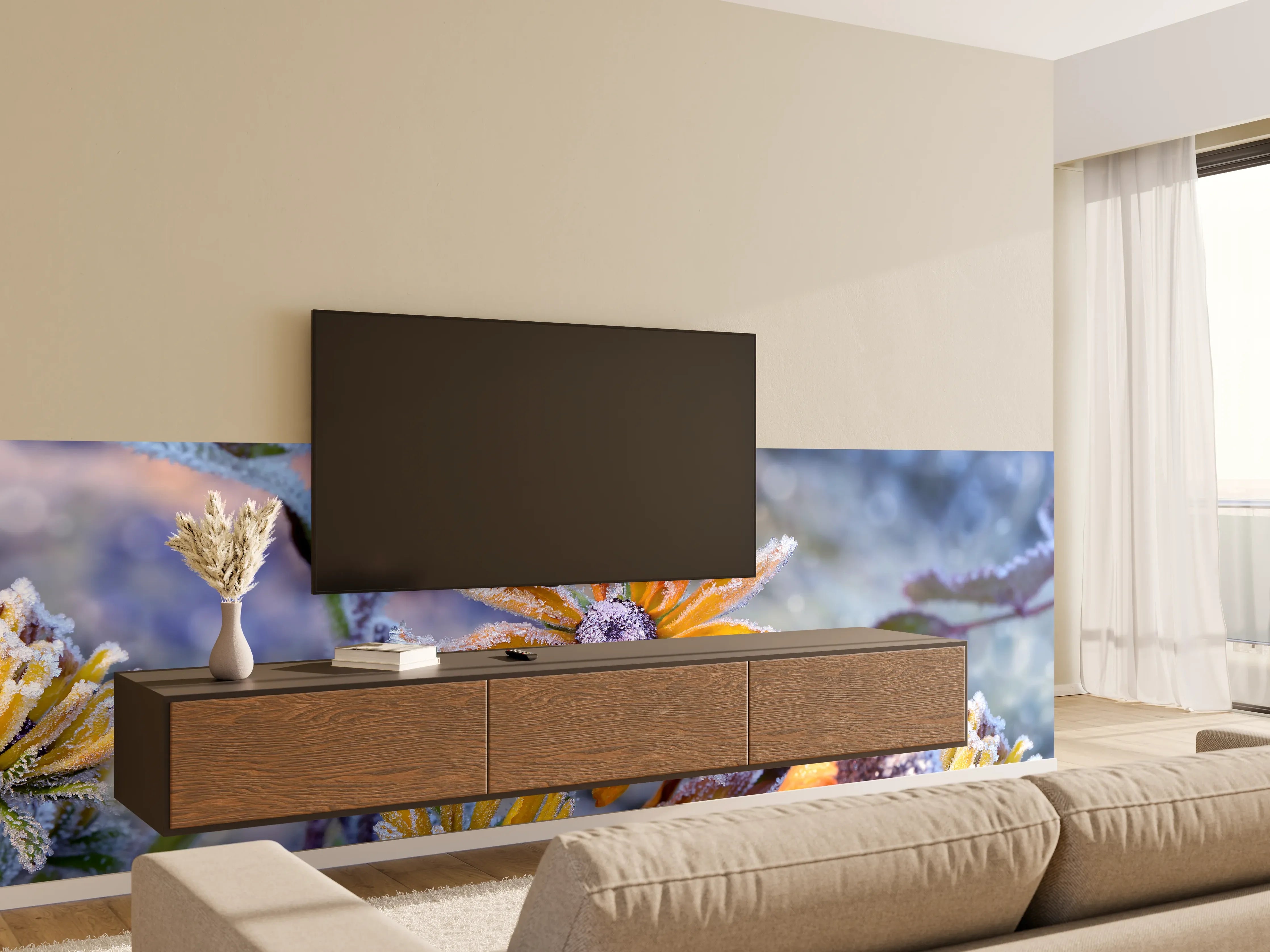 Wandverkleidung Wohnzimmer - Frostbedeckte Winterblumen im Morgengrauen