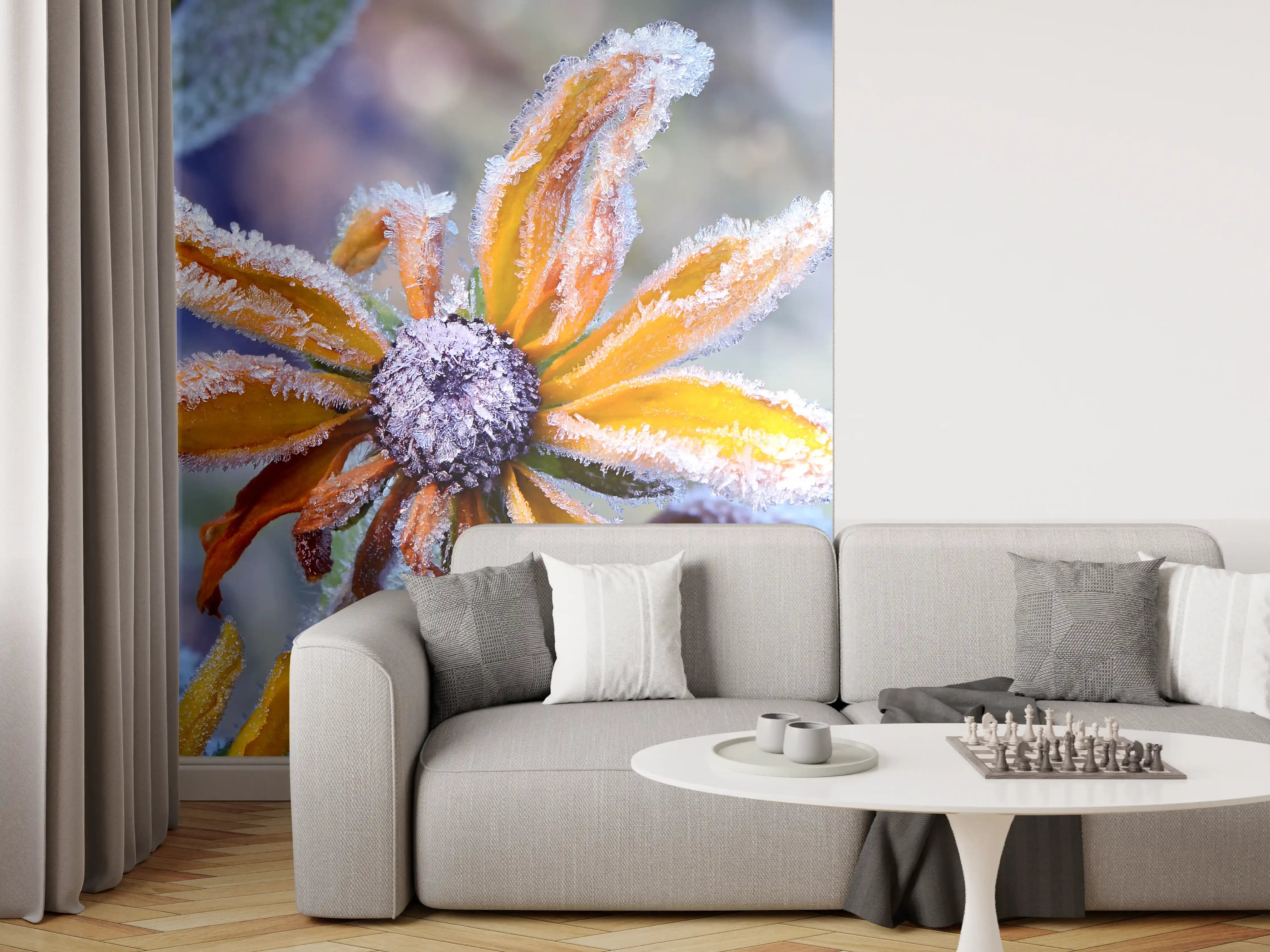 Wandverkleidung Wohnzimmer - Frostbedeckte Winterblumen im Morgengrauen