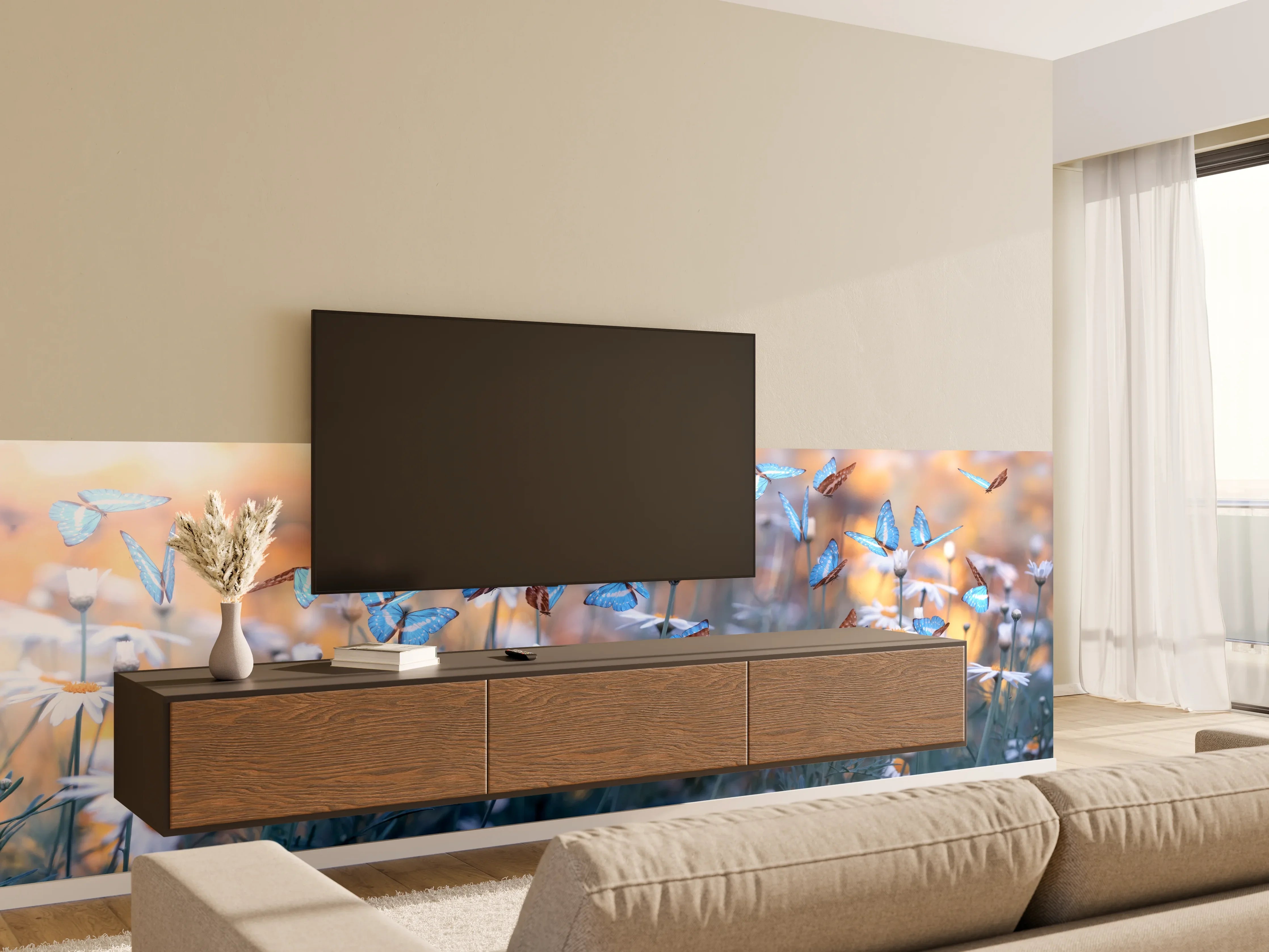 Wandverkleidung Wohnzimmer - Frühling Naturlandschaft mit wilden Blumen