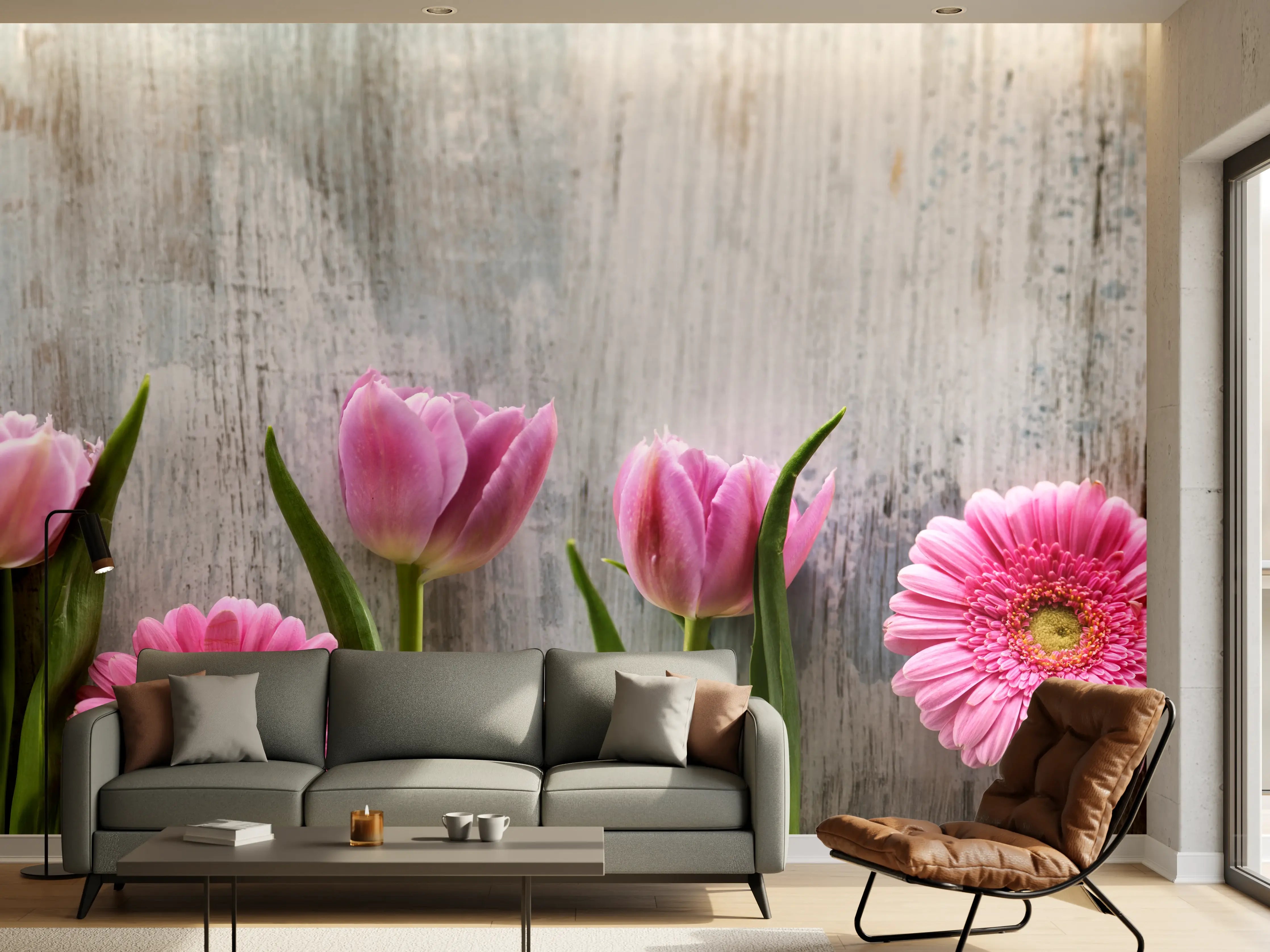 Wandverkleidung Wohnzimmer - Frühlingsblumen auf schäbigem Holz