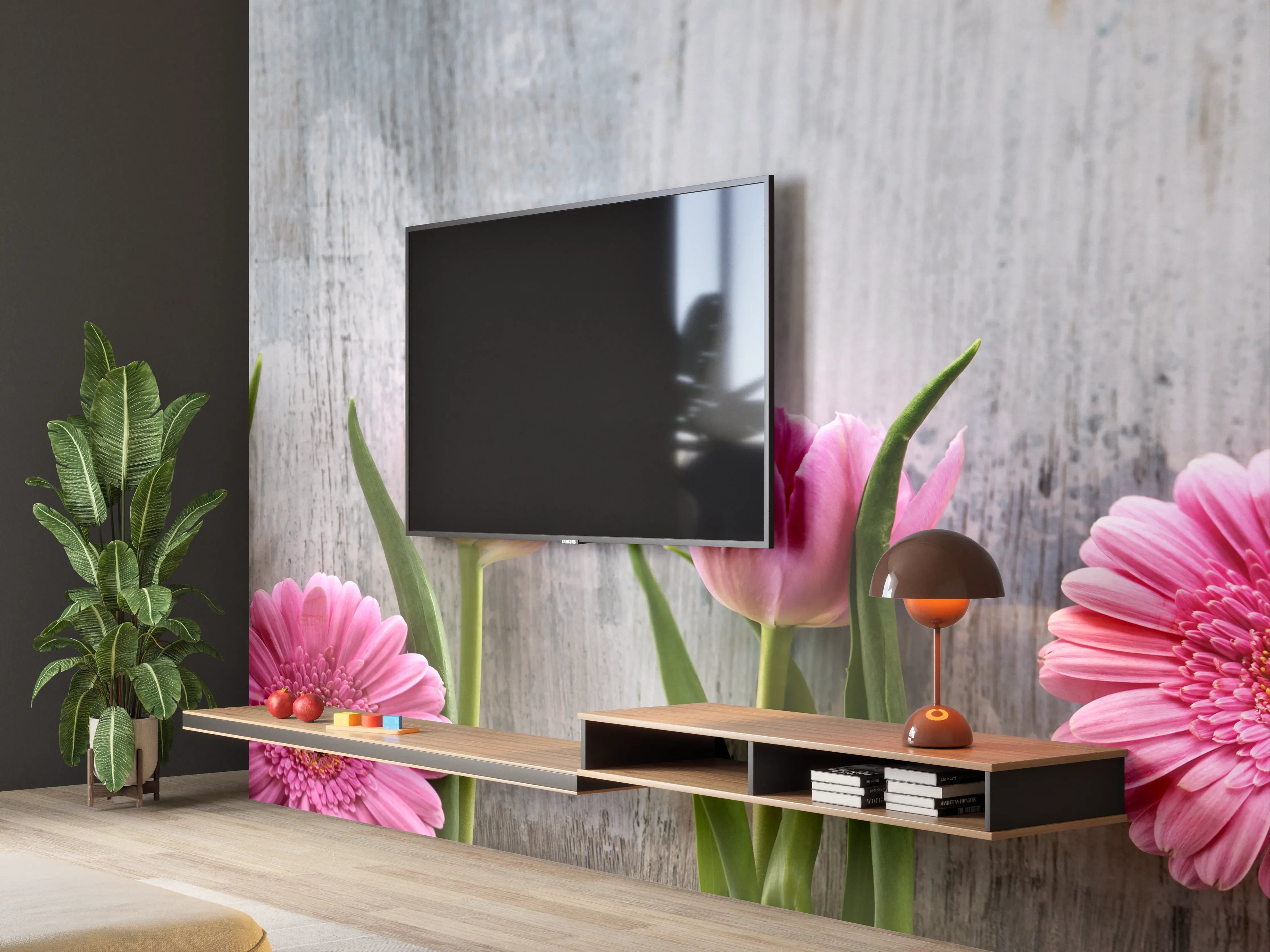 Wandverkleidung Wohnzimmer - Frühlingsblumen auf schäbigem Holz