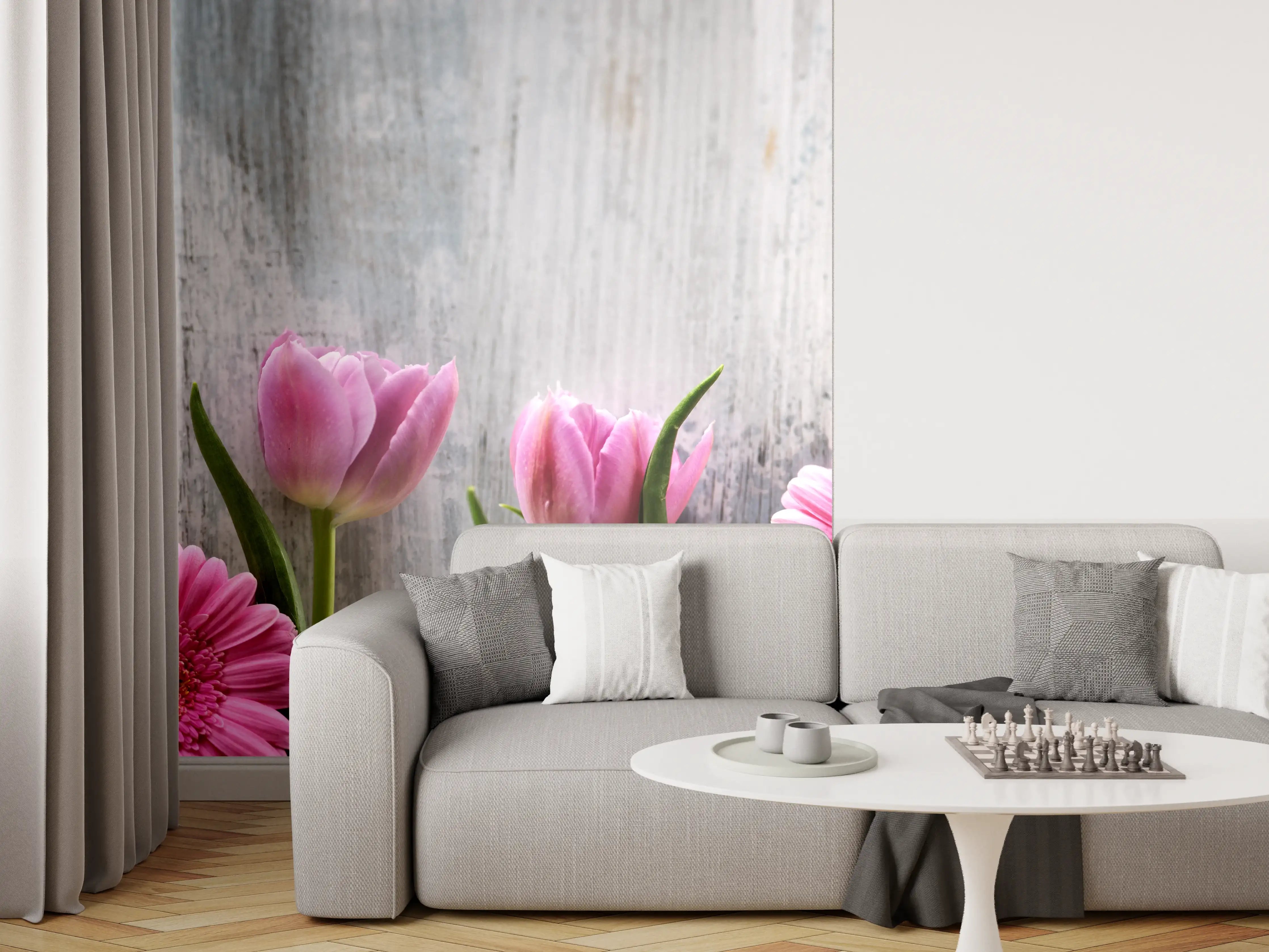 Wandverkleidung Wohnzimmer - Frühlingsblumen auf schäbigem Holz
