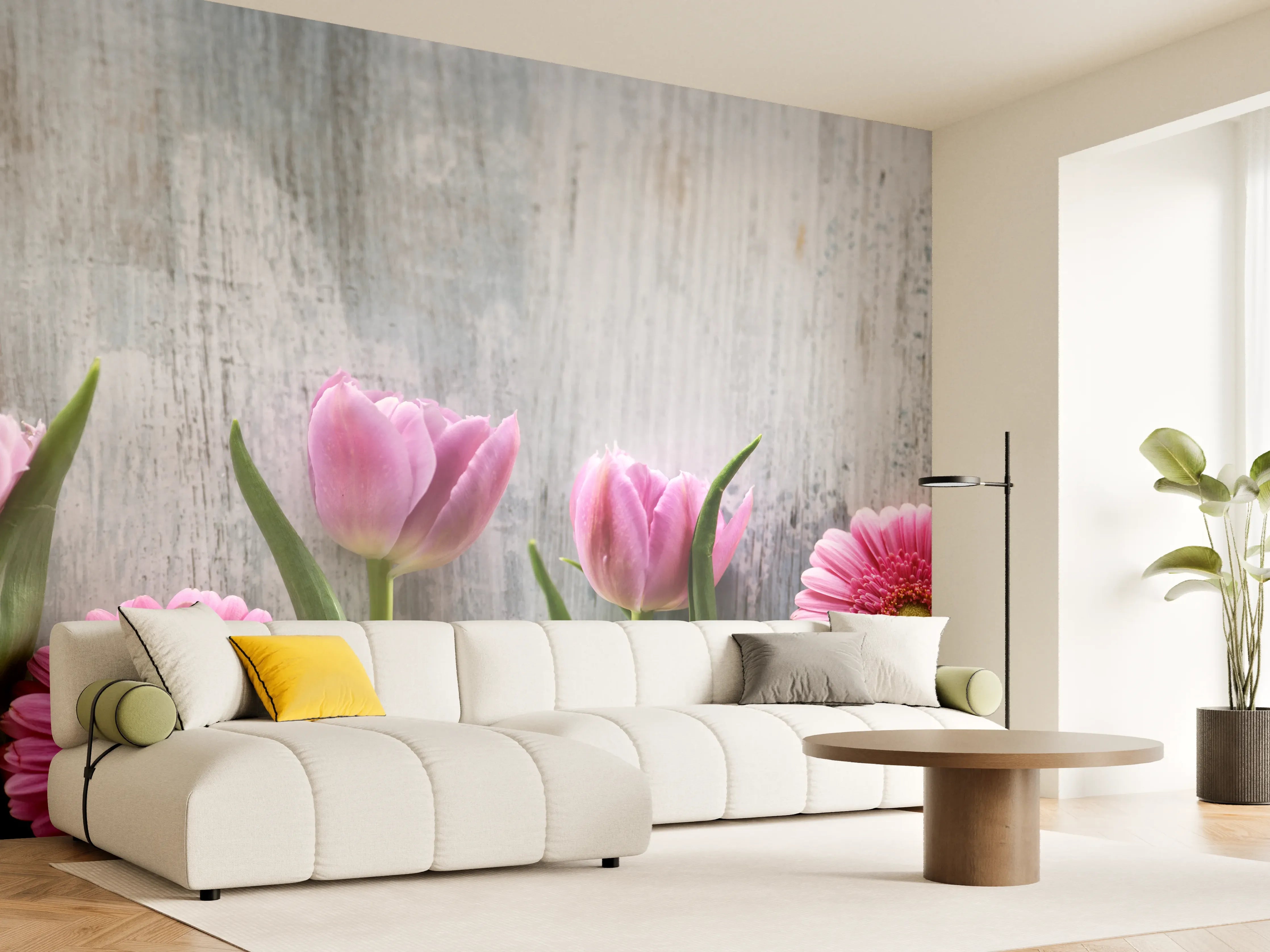 Wandverkleidung Wohnzimmer - Frühlingsblumen auf schäbigem Holz