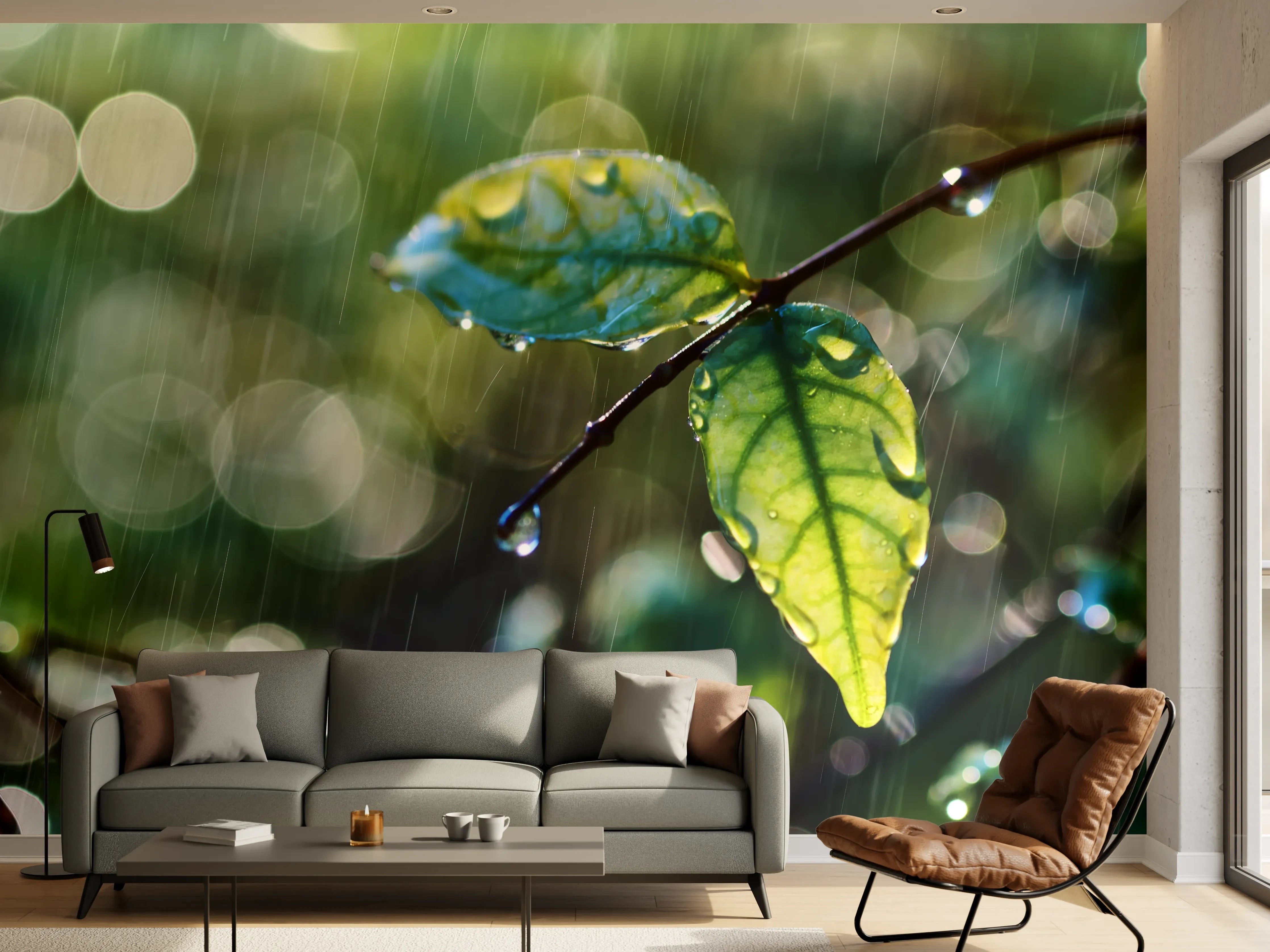 Wandverkleidung Wohnzimmer - Frühlingshafte Blätter im Regen