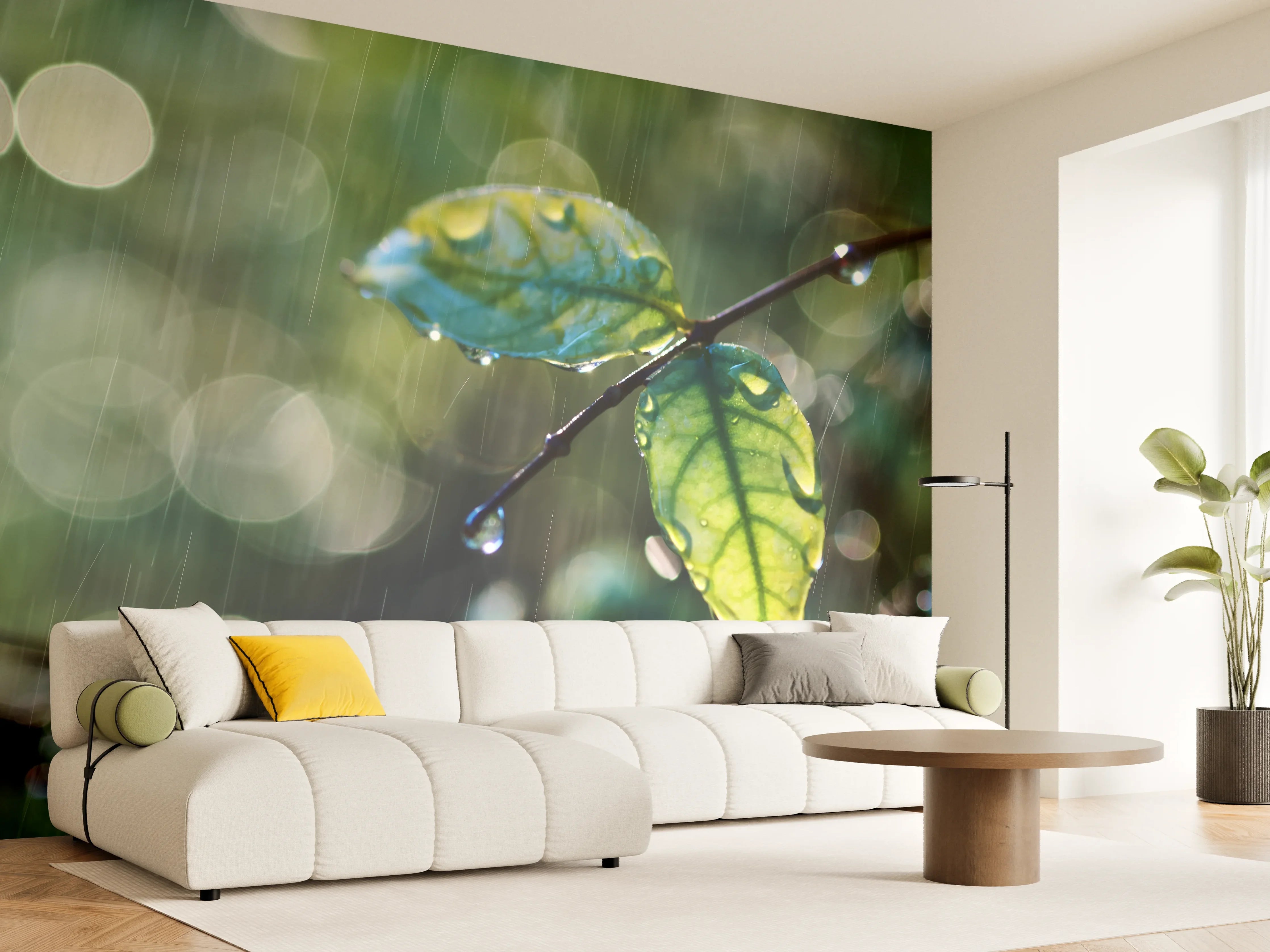 Wandverkleidung Wohnzimmer - Frühlingshafte Blätter im Regen